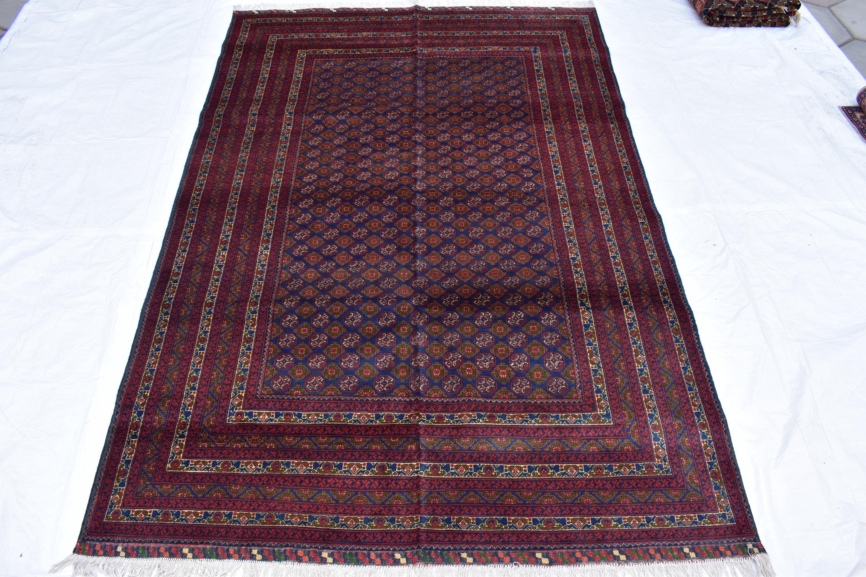 6x9 Elegant Red and Navy Blue Hoja Roshnai Rug–Traditional Handmade Oriental Design for Modern Interiors, Perfect for Bedroom, Living Room