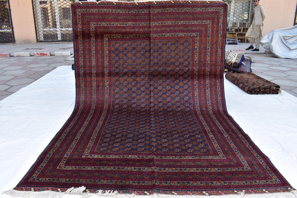 6x9 Elegant Red and Navy Blue Hoja Roshnai Rug–Traditional Handmade Oriental Design for Modern Interiors, Perfect for Bedroom, Living Room