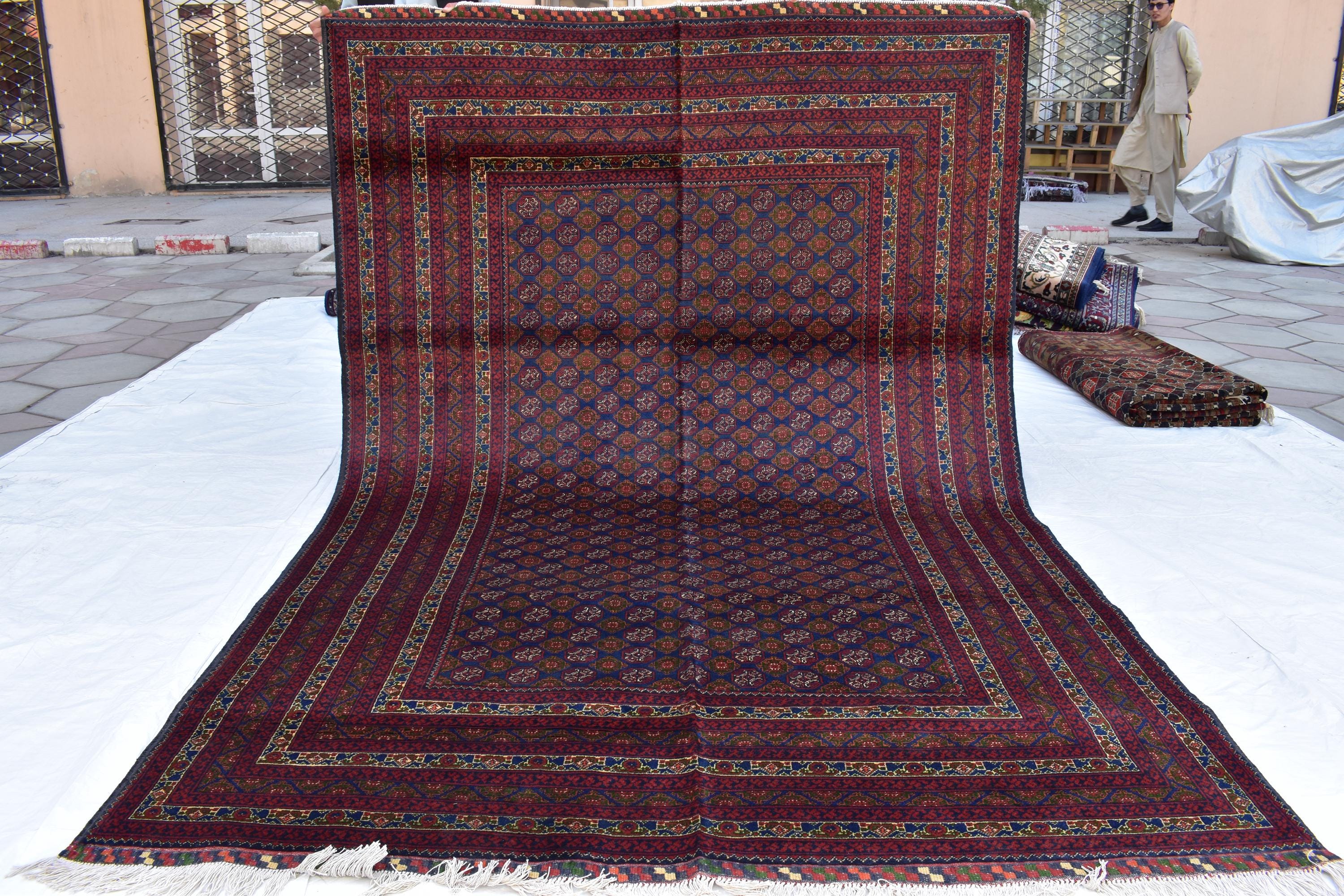 6x9 Elegant Red and Navy Blue Hoja Roshnai Rug–Traditional Handmade Oriental Design for Modern Interiors, Perfect for Bedroom, Living Room