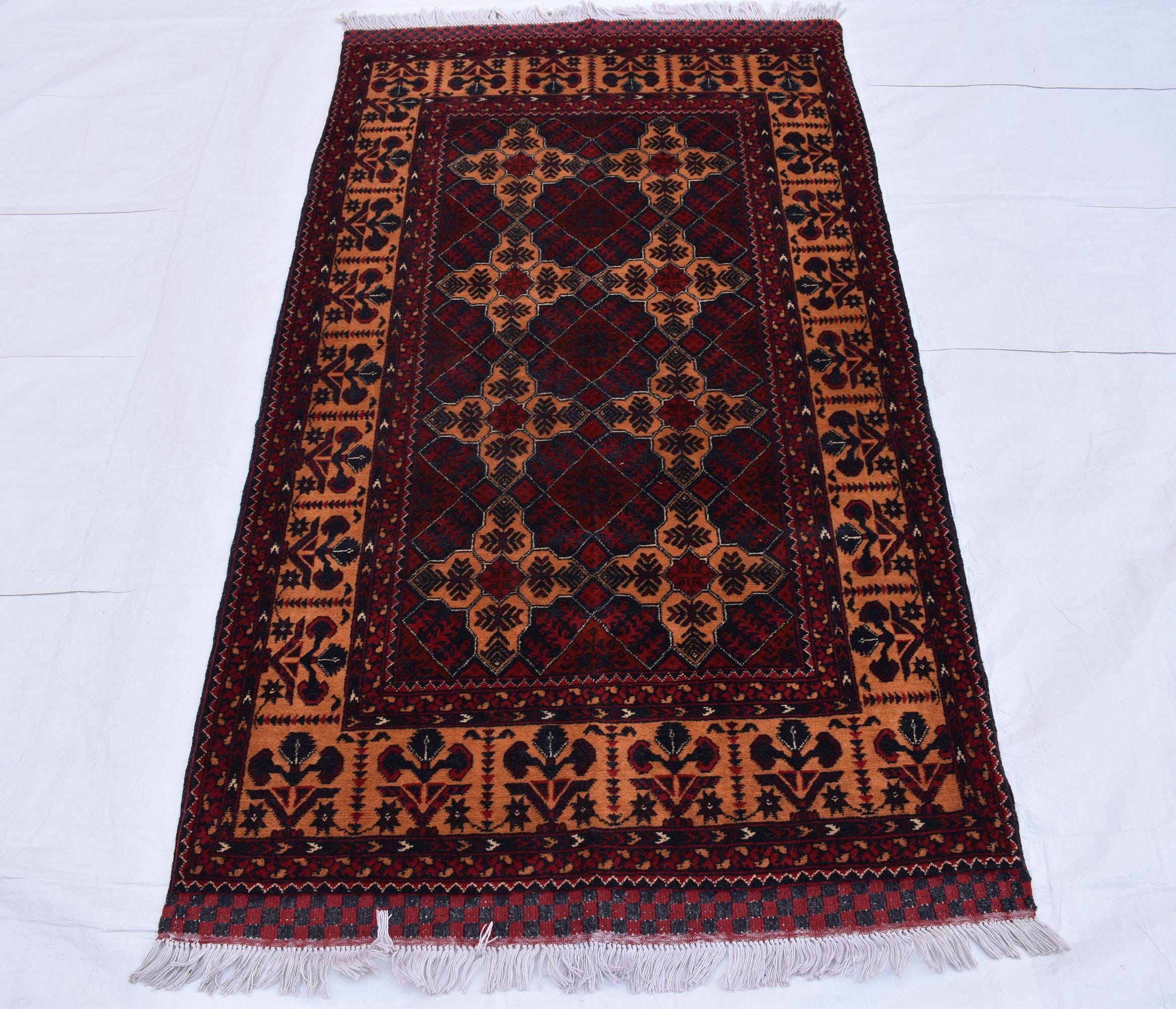 6x3 Handmade Afghan Sitara Naksha Rug - Red & Burgundy Wool Tribal Carpet - Vintage Bohemian Area Rug, Small Size Entryway Rug, 5.8x3.2 ft