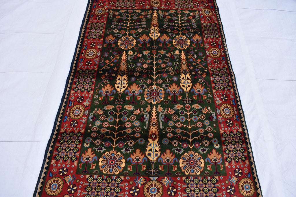 3x5 Olive Green and Red Afghan Gandum Naksha Rug-Hand-Knotted Wool Tribal Carpet, Bohemian Area Rug, Perfect for Bedroom, Office 5x3.3