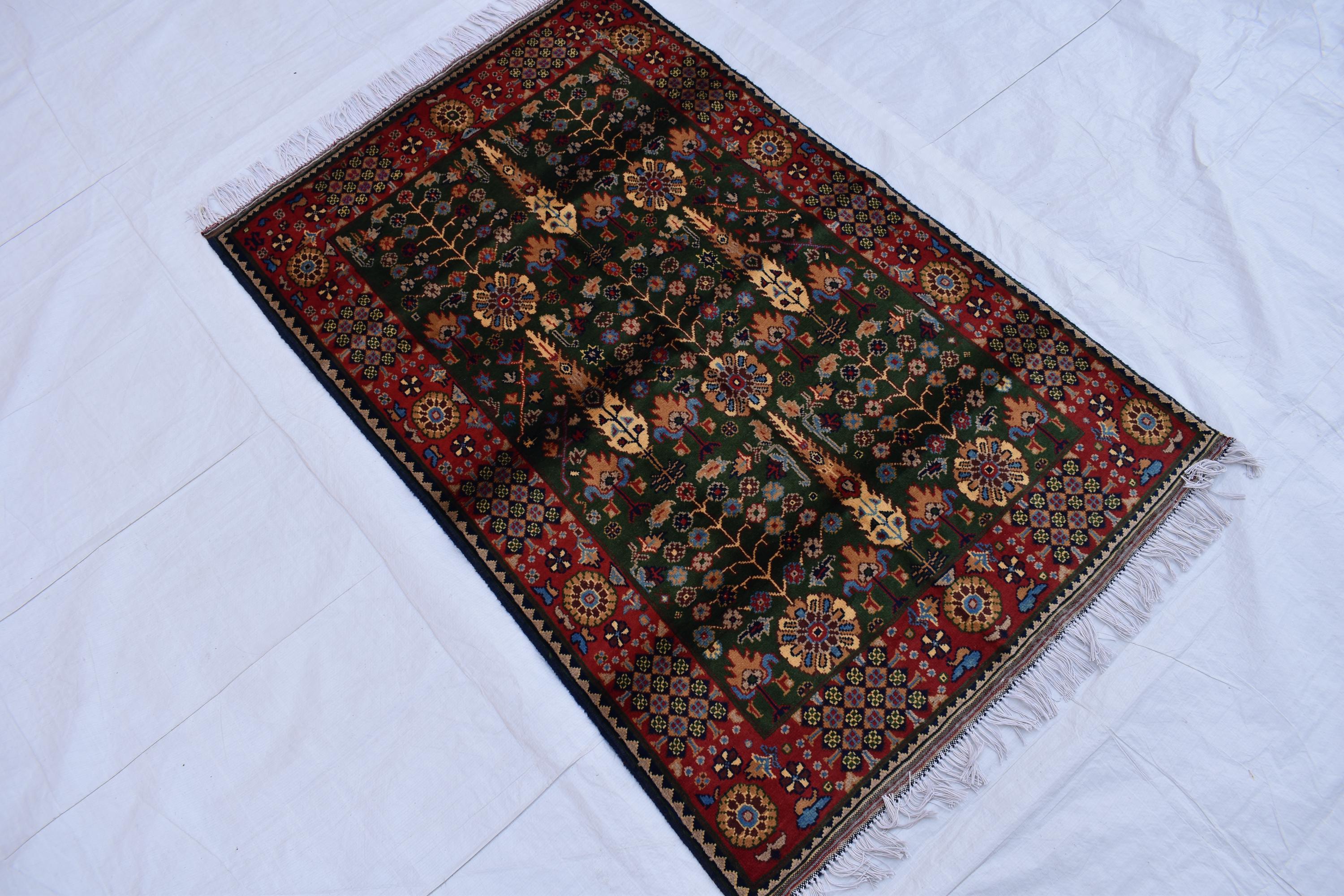 3x5 Olive Green and Red Afghan Gandum Naksha Rug-Hand-Knotted Wool Tribal Carpet, Bohemian Area Rug, Perfect for Bedroom, Office 5x3.3