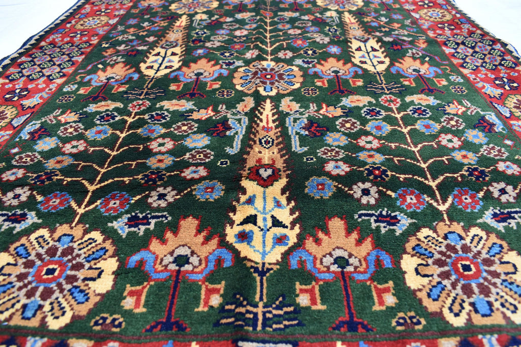 3x5 Olive Green and Red Afghan Gandum Naksha Rug-Hand-Knotted Wool Tribal Carpet, Bohemian Area Rug, Perfect for Bedroom, Office 5x3.3