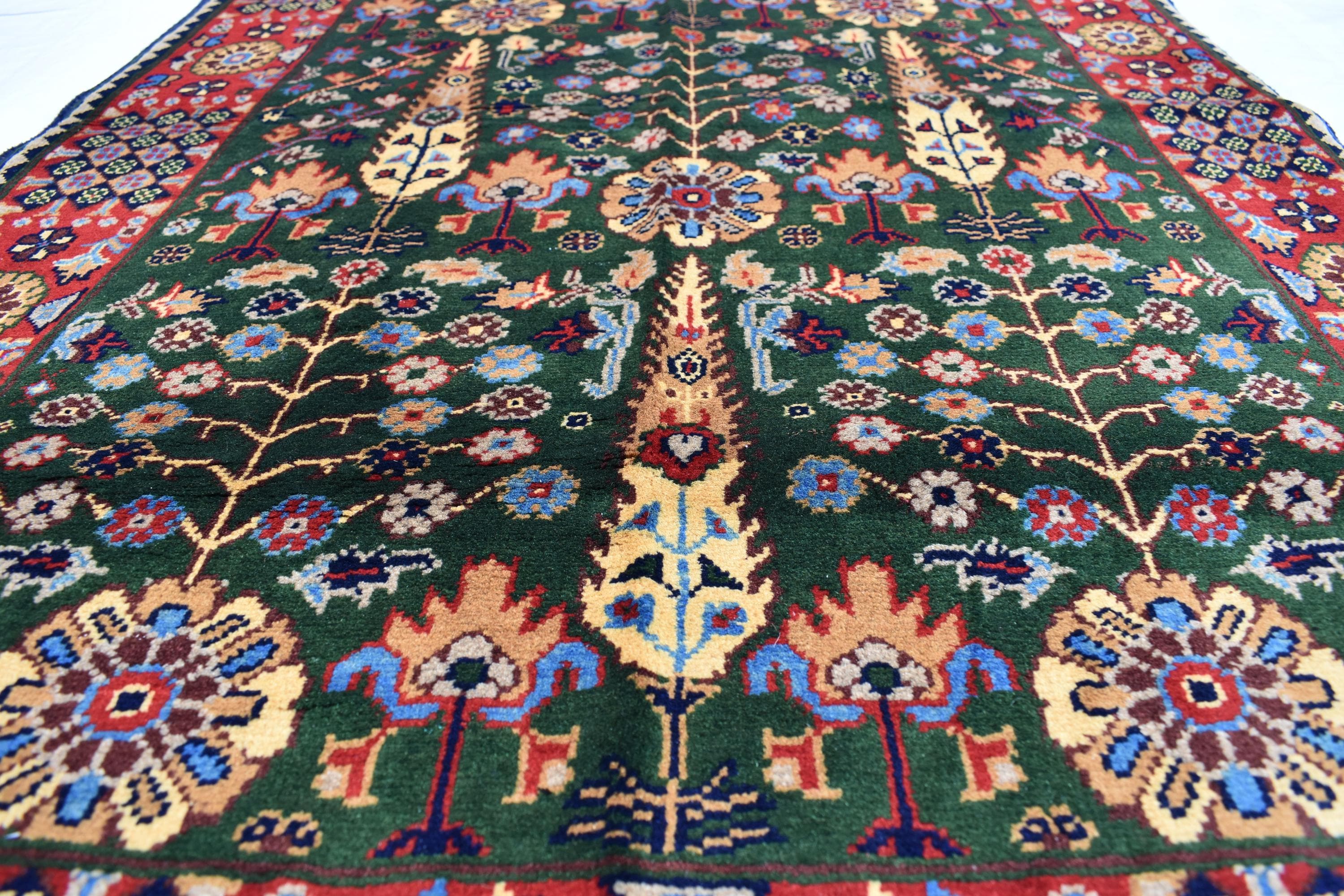 3x5 Olive Green and Red Afghan Gandum Naksha Rug-Hand-Knotted Wool Tribal Carpet, Bohemian Area Rug, Perfect for Bedroom, Office 5x3.3