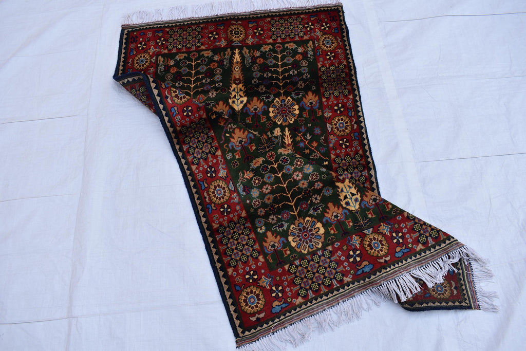 3x5 Olive Green and Red Afghan Gandum Naksha Rug-Hand-Knotted Wool Tribal Carpet, Bohemian Area Rug, Perfect for Bedroom, Office 5x3.3