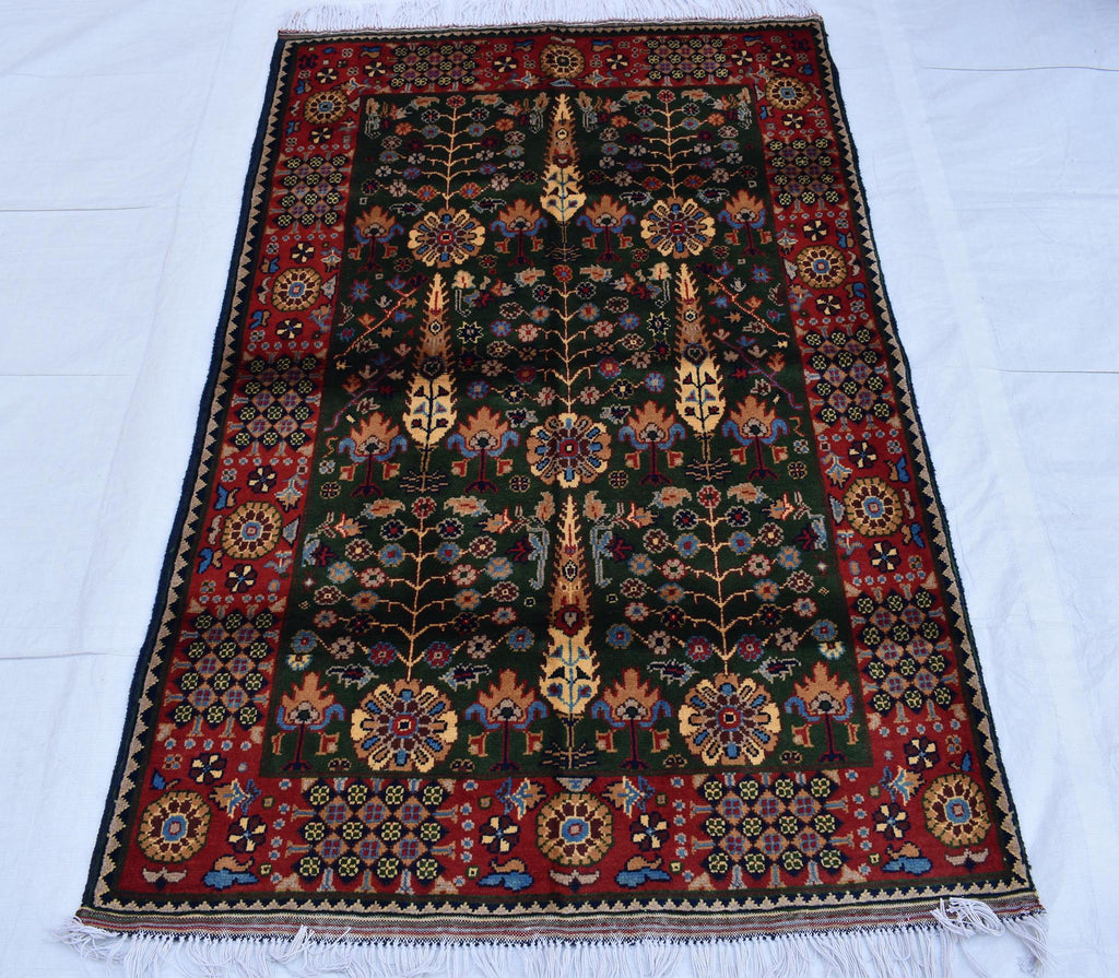 3x5 Olive Green and Red Afghan Gandum Naksha Rug-Hand-Knotted Wool Tribal Carpet, Bohemian Area Rug, Perfect for Bedroom, Office 5x3.3