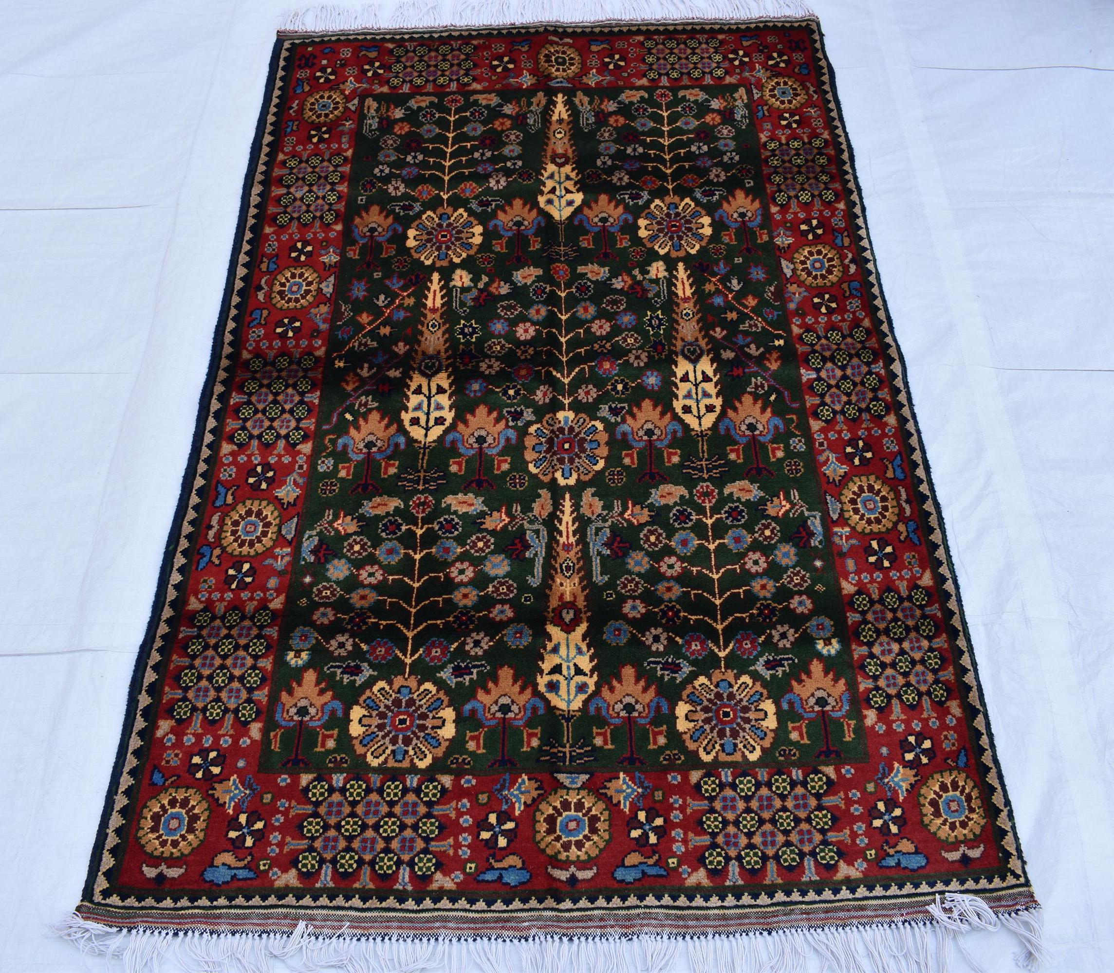 3x5 Olive Green and Red Afghan Gandum Naksha Rug-Hand-Knotted Wool Tribal Carpet, Bohemian Area Rug, Perfect for Bedroom, Office 5x3.3