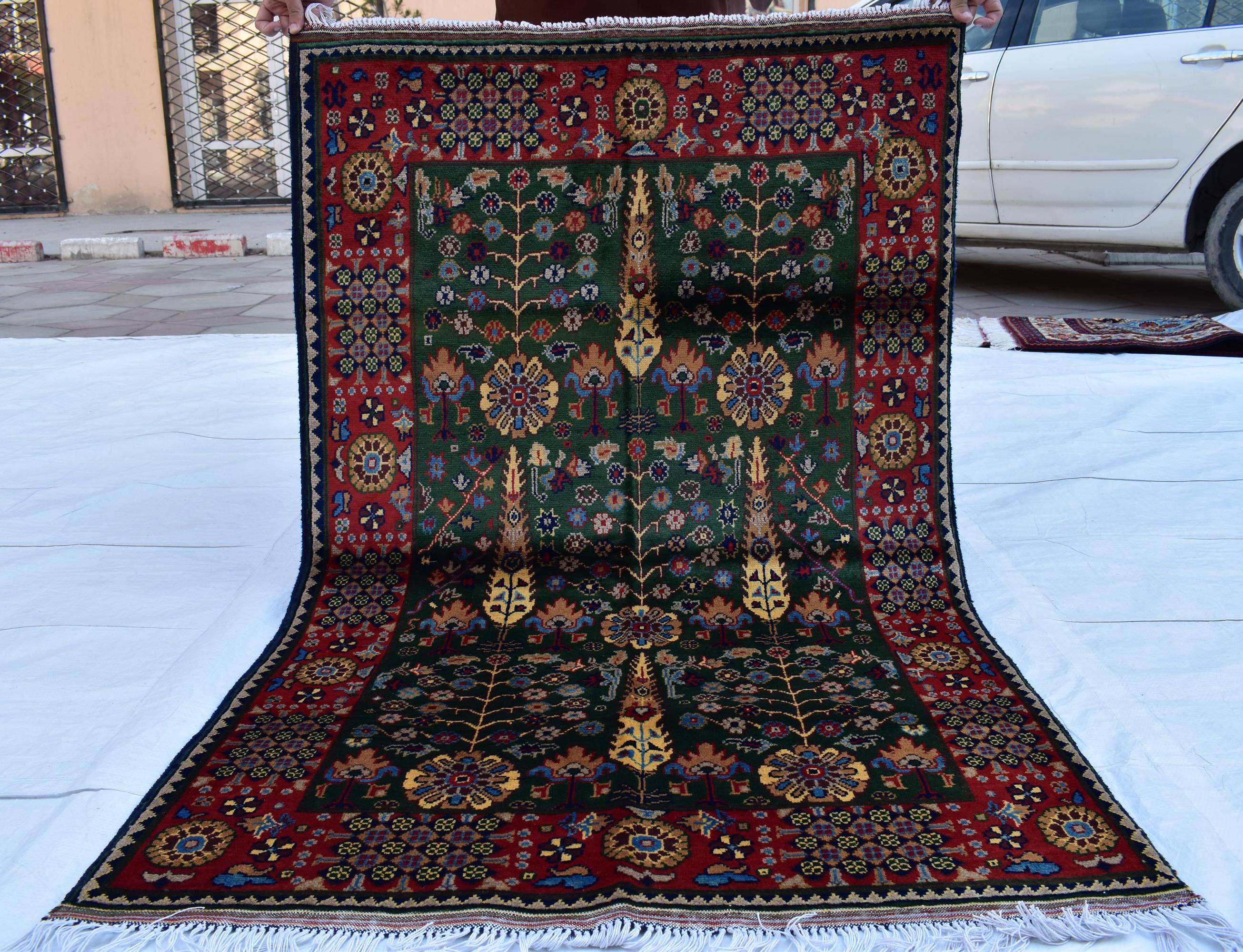 3x5 Olive Green and Red Afghan Gandum Naksha Rug-Hand-Knotted Wool Tribal Carpet, Bohemian Area Rug, Perfect for Bedroom, Office 5x3.3