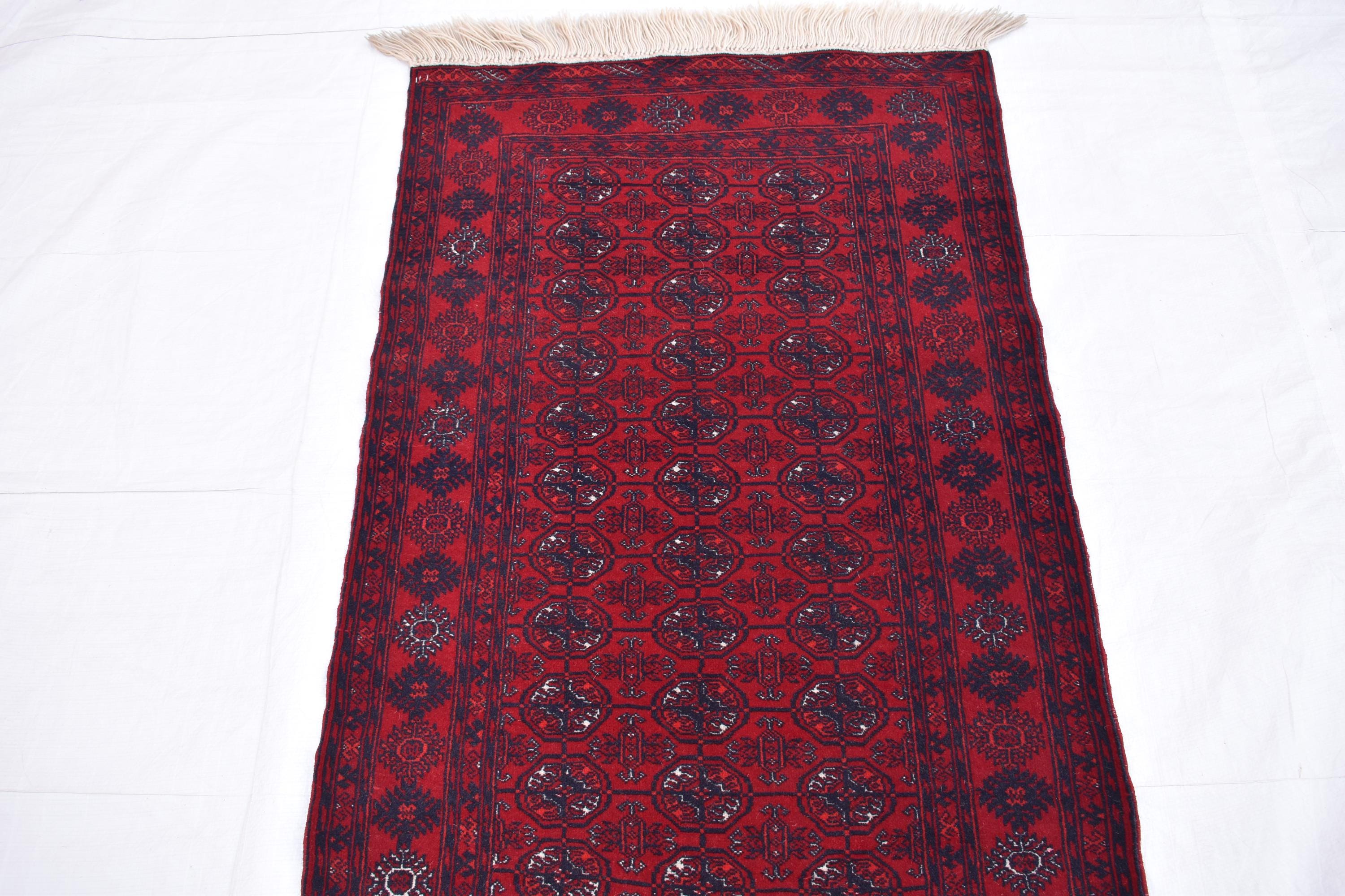 3x6 Vintage Afghan Mawrai Gul Runner- Handmade Red Wool Tribal Hallway Rug, Collectible Antique Rug, Entryway Rug, Kitchen Rug 2.8x6.1 ft