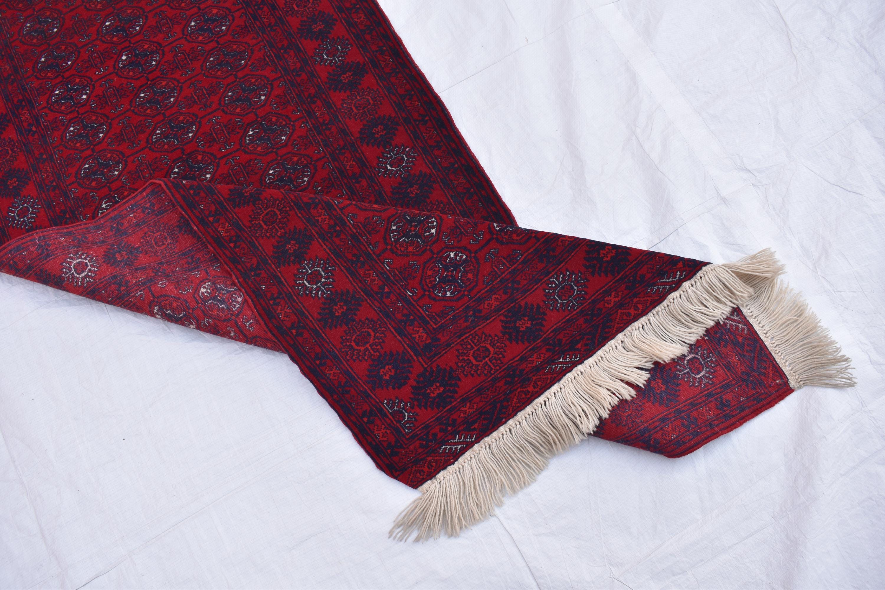 3x6 Vintage Afghan Mawrai Gul Runner- Handmade Red Wool Tribal Hallway Rug, Collectible Antique Rug, Entryway Rug, Kitchen Rug 2.8x6.1 ft