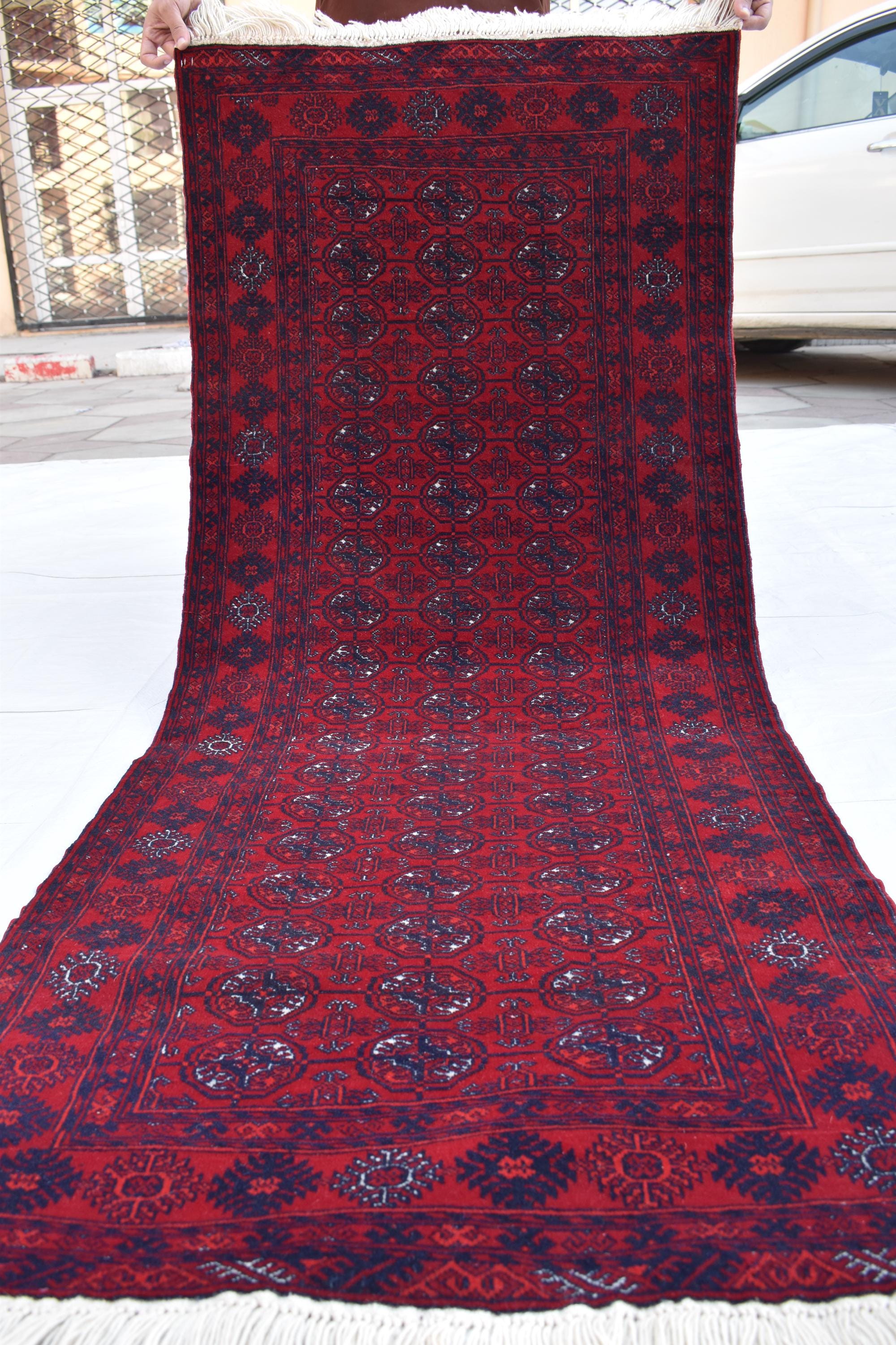 3x6 Vintage Afghan Mawrai Gul Runner- Handmade Red Wool Tribal Hallway Rug, Collectible Antique Rug, Entryway Rug, Kitchen Rug 2.8x6.1 ft
