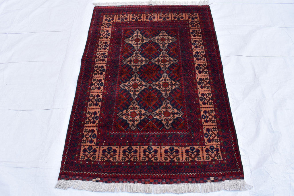3x5 Handmade Afghan Sitara Naksha Rug - Red & Burgundy Wool Tribal Carpet - Vintage Bohemian Area Rug, Perfect for Bedroom, Office 5x3.5 ft
