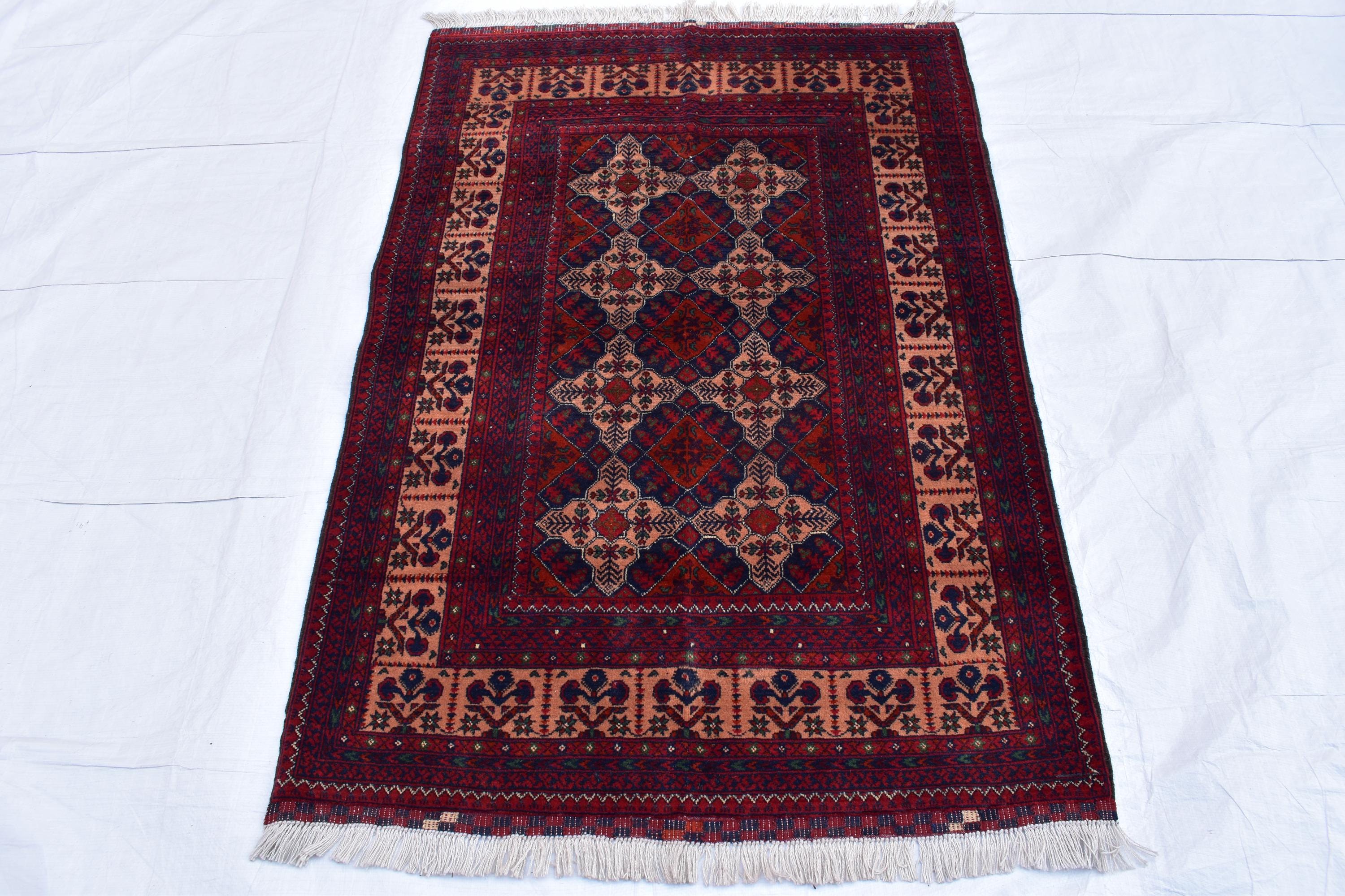 3x5 Handmade Afghan Sitara Naksha Rug - Red & Burgundy Wool Tribal Carpet - Vintage Bohemian Area Rug, Perfect for Bedroom, Office 5x3.5 ft