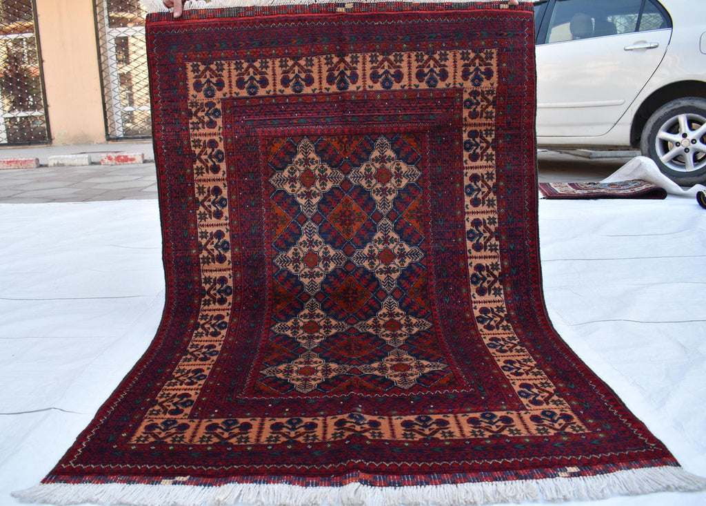 3x5 Handmade Afghan Sitara Naksha Rug - Red & Burgundy Wool Tribal Carpet - Vintage Bohemian Area Rug, Perfect for Bedroom, Office 5x3.5 ft