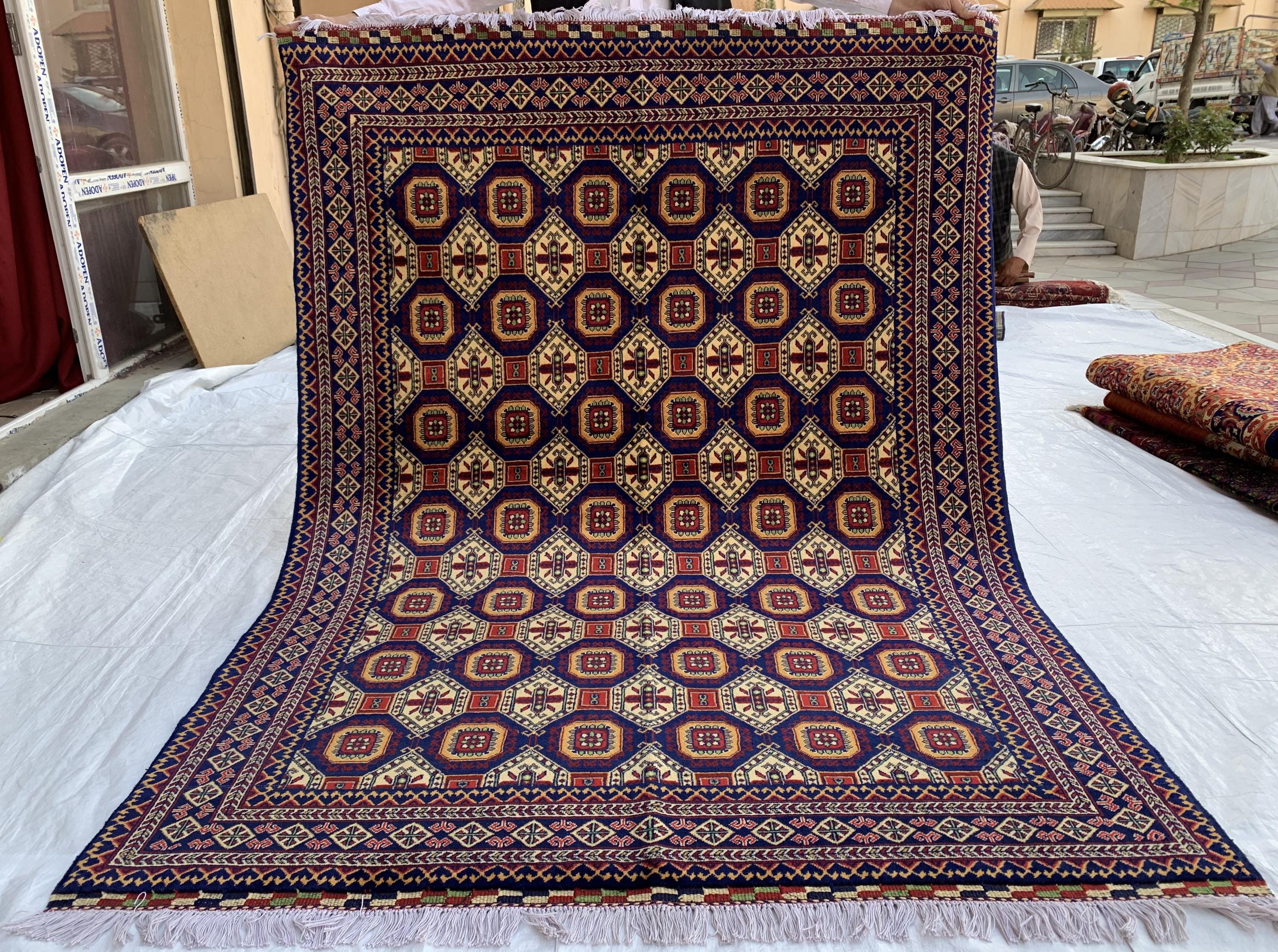 7x5 Handmade Khorjin Rug – Tribal Wool Area Rug | Red Blue Beige Geometric Carpet | Oriental Afghan Decor | Living Room or Office Floor Rug