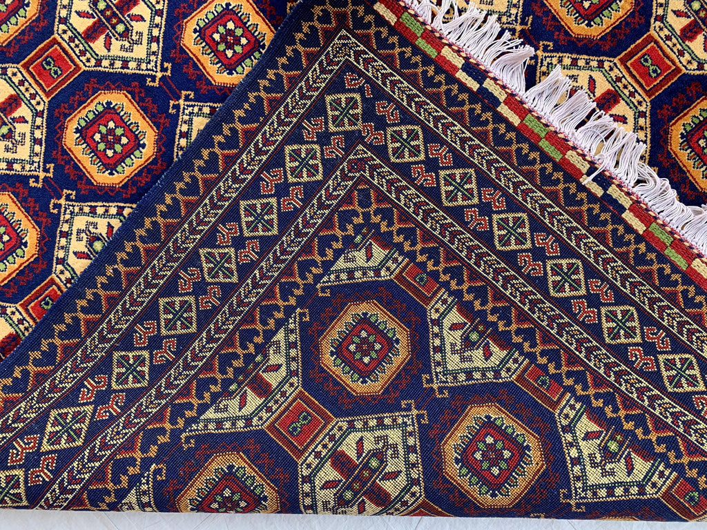 7x5 Handmade Khorjin Rug – Tribal Wool Area Rug | Red Blue Beige Geometric Carpet | Oriental Afghan Decor | Living Room or Office Floor Rug