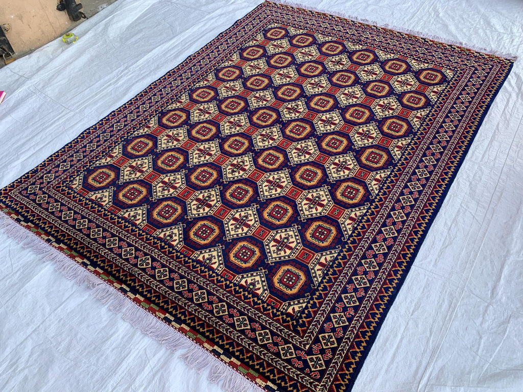 7x5 Handmade Khorjin Rug – Tribal Wool Area Rug | Red Blue Beige Geometric Carpet | Oriental Afghan Decor | Living Room or Office Floor Rug