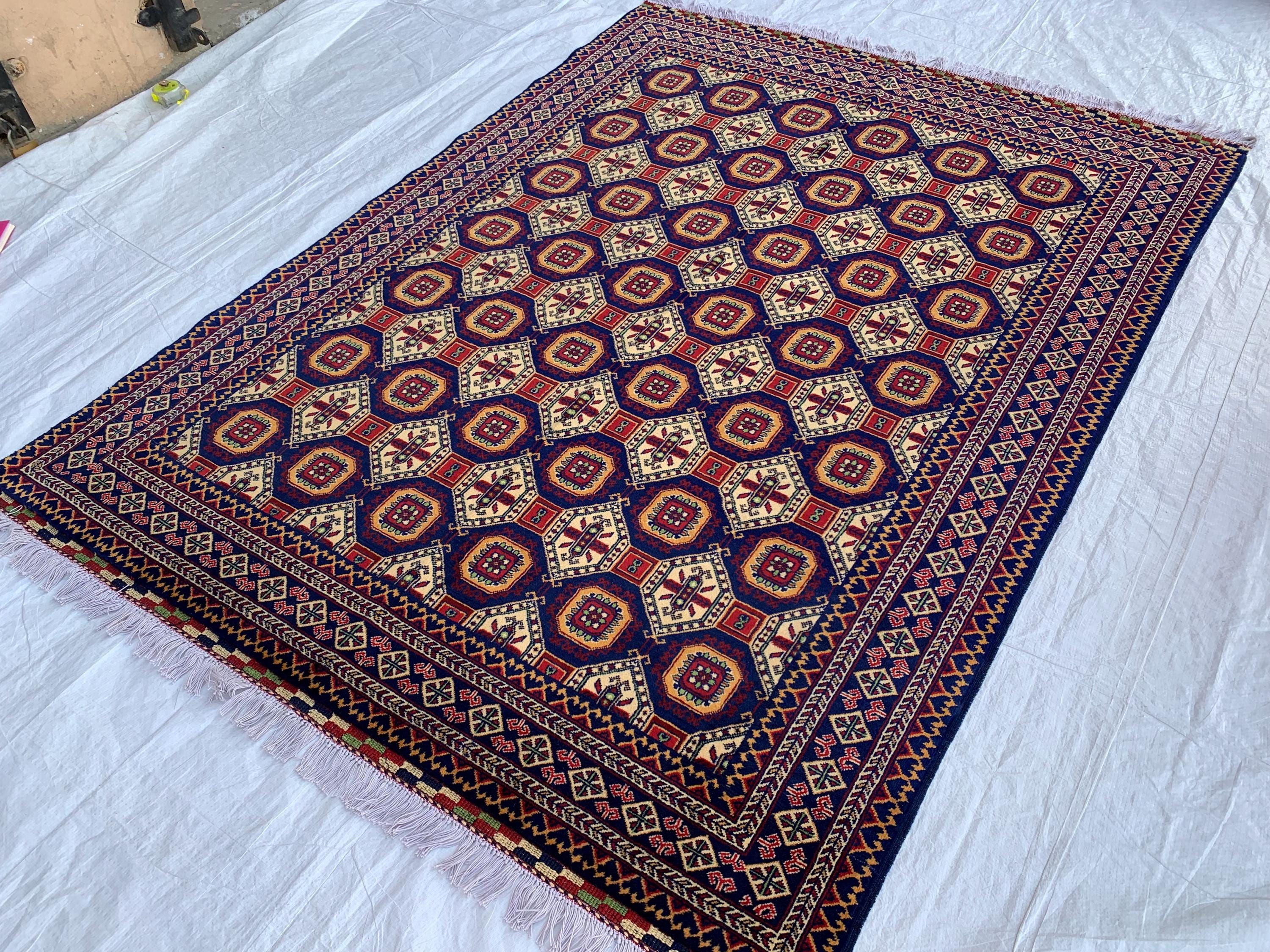 7x5 Handmade Khorjin Rug – Tribal Wool Area Rug | Red Blue Beige Geometric Carpet | Oriental Afghan Decor | Living Room or Office Floor Rug