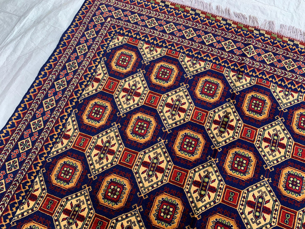 7x5 Handmade Khorjin Rug – Tribal Wool Area Rug | Red Blue Beige Geometric Carpet | Oriental Afghan Decor | Living Room or Office Floor Rug