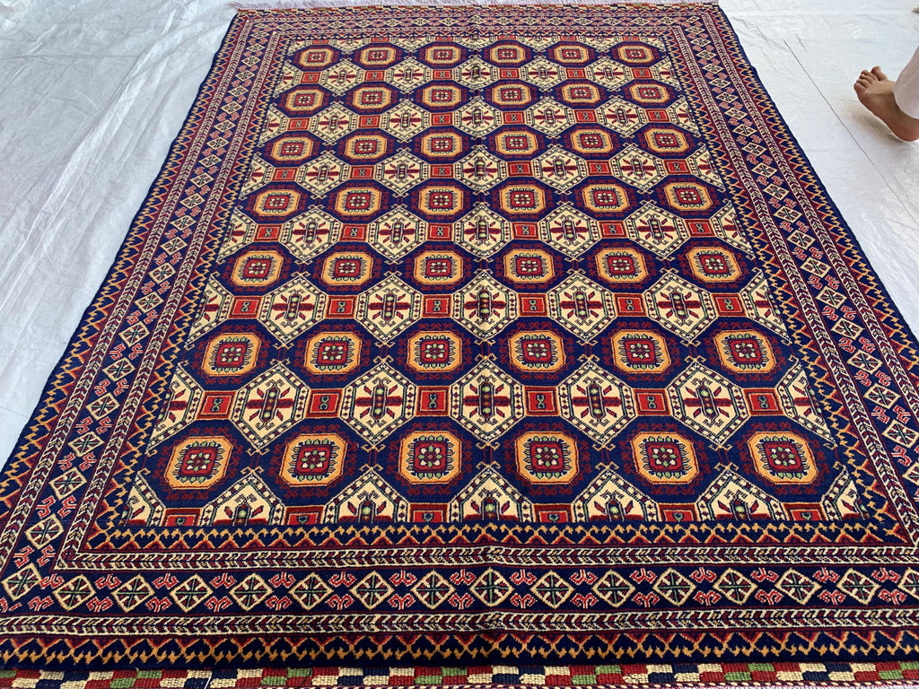 7x5 Handmade Khorjin Rug – Tribal Wool Area Rug | Red Blue Beige Geometric Carpet | Oriental Afghan Decor | Living Room or Office Floor Rug