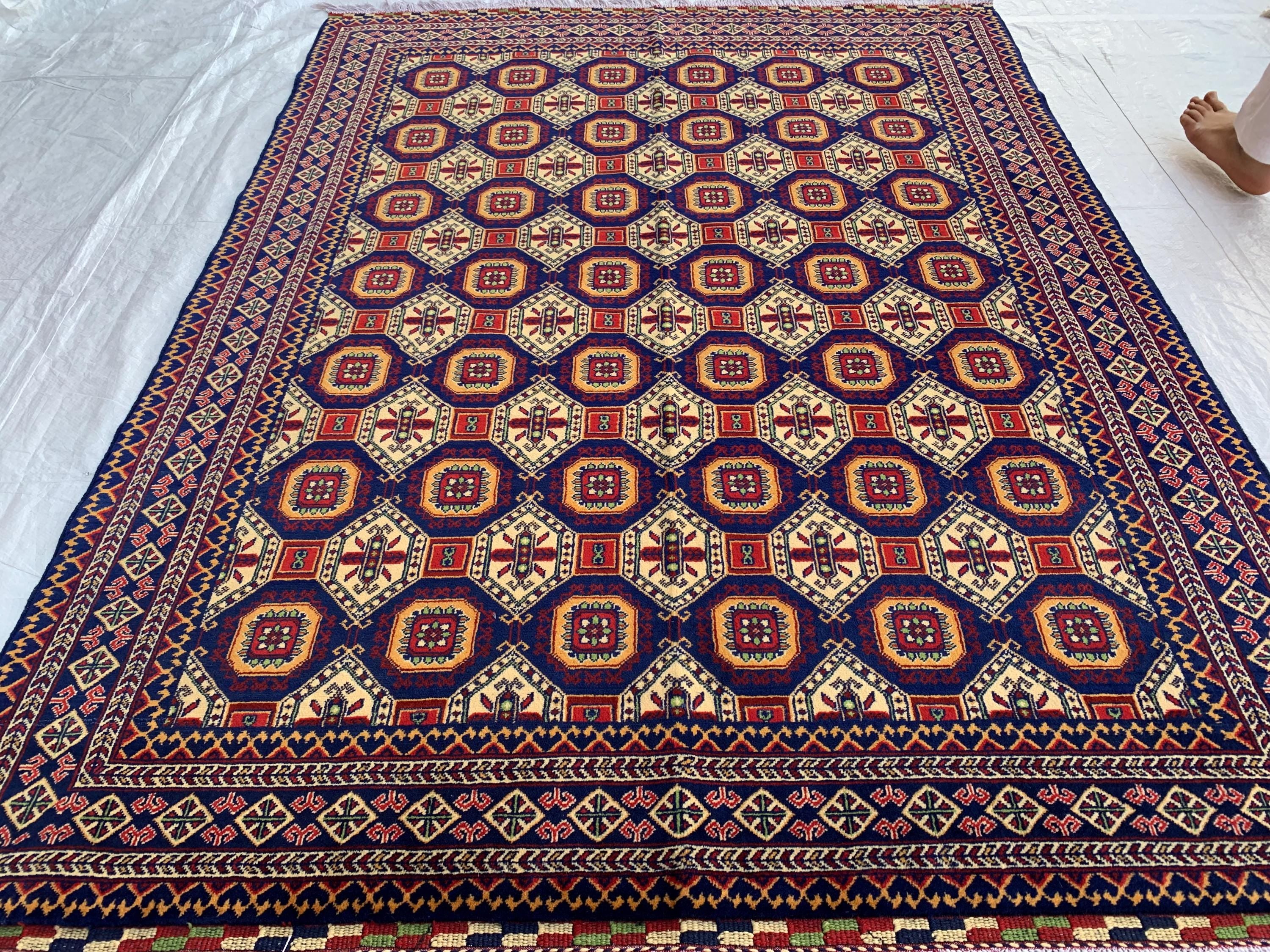 7x5 Handmade Khorjin Rug – Tribal Wool Area Rug | Red Blue Beige Geometric Carpet | Oriental Afghan Decor | Living Room or Office Floor Rug