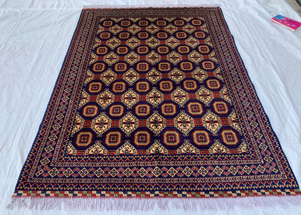 7x5 Handmade Khorjin Rug – Tribal Wool Area Rug | Red Blue Beige Geometric Carpet | Oriental Afghan Decor | Living Room or Office Floor Rug