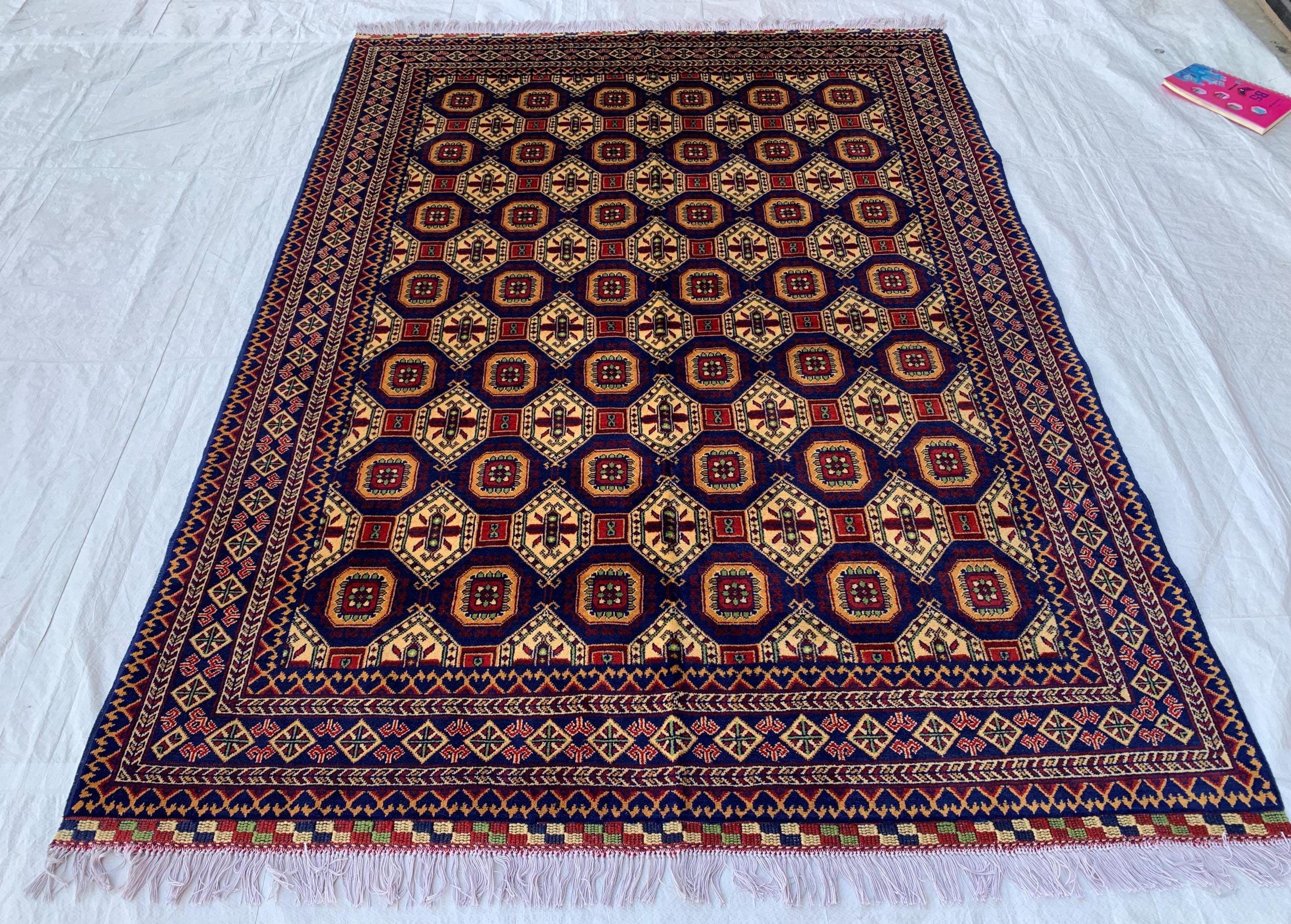 7x5 Handmade Khorjin Rug – Tribal Wool Area Rug | Red Blue Beige Geometric Carpet | Oriental Afghan Decor | Living Room or Office Floor Rug