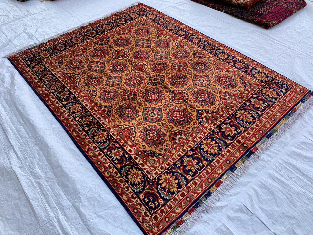 5x7 Handmade Khorjin Rug 6.8x4.11 ft – Tribal Wool Area Rug | Geometric Carpet | Oriental Afghan Decor | Living Room or Office Floor Rug
