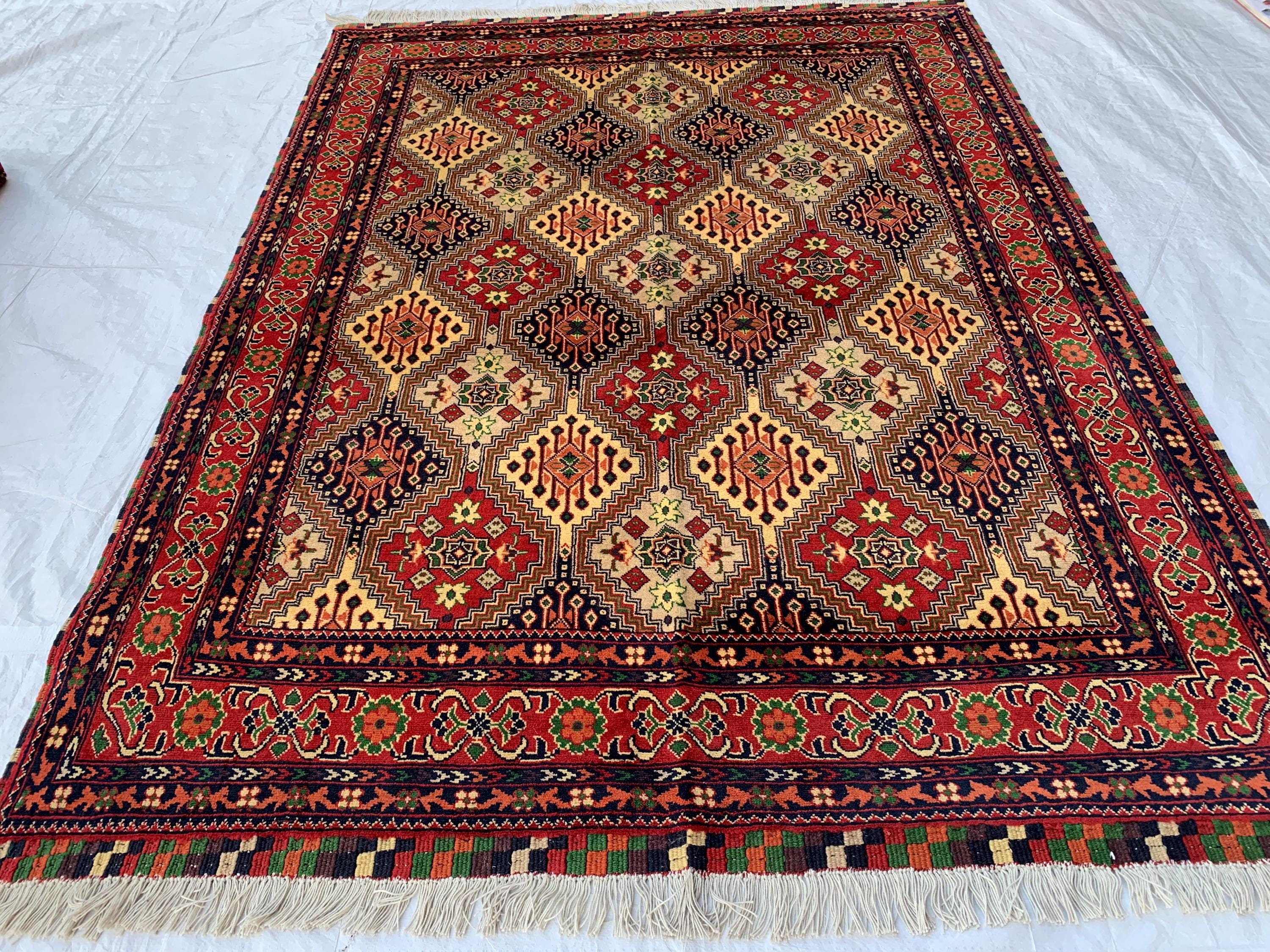 5x7 Handmade Kashi Rug – Tribal Wool Area Rug | Geometric Carpet | Oriental Afghan Decor | Living Room or Office Floor Rug 6.8x4.11 ft