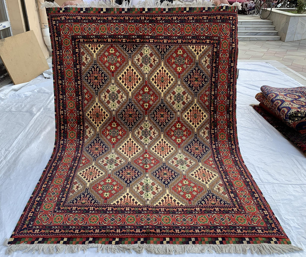 5x7 Handmade Kashi Rug – Tribal Wool Area Rug | Geometric Carpet | Oriental Afghan Decor | Living Room or Office Floor Rug 6.8x4.11 ft