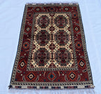 3x5 Medallion Pattern Handwoven Rug – Burgundy & Beige, Traditional Afghan Wool Carpet, Rug for Living Room, Bedrooms, Hallway Rug 3.4x5 ft