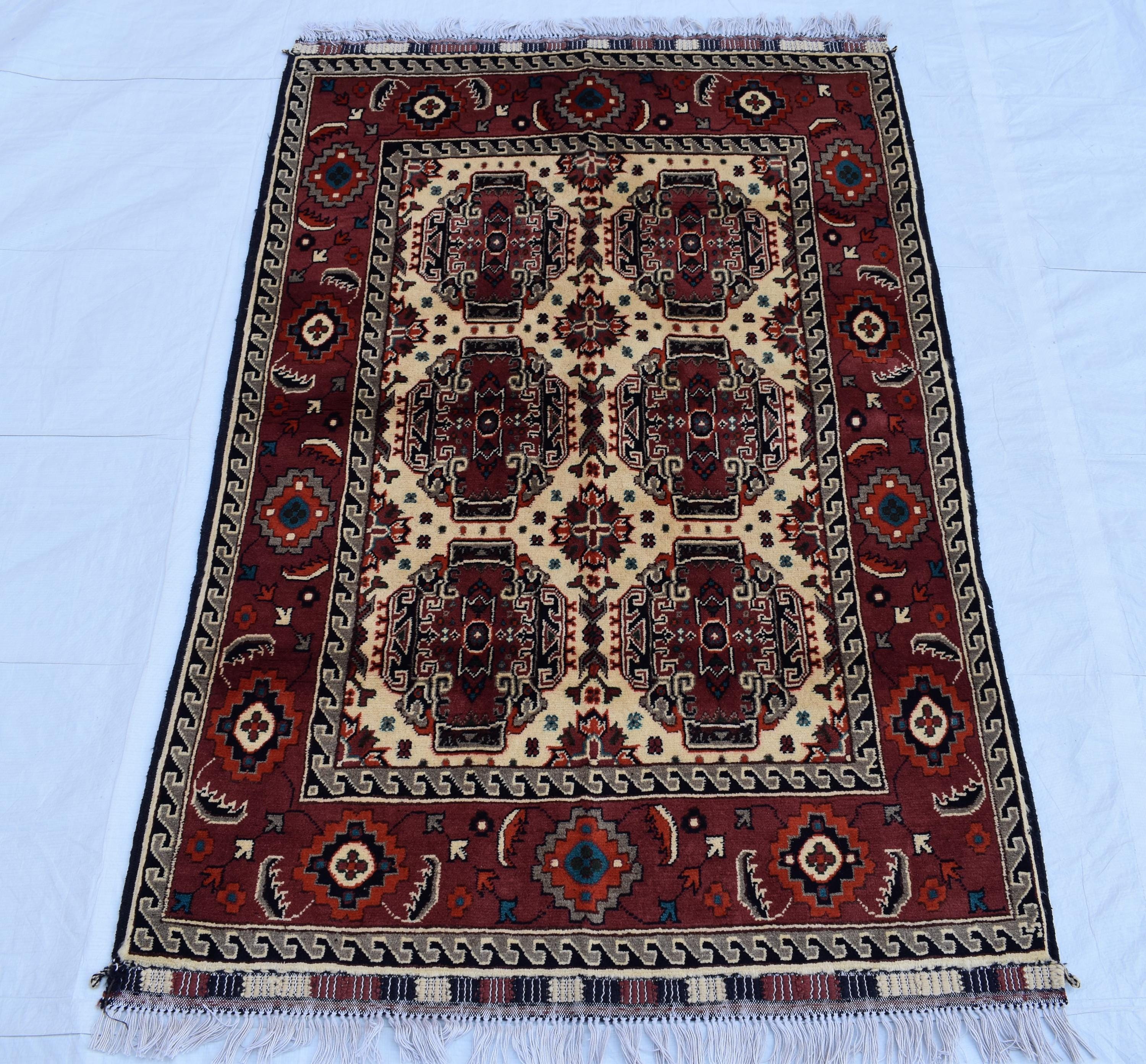 3x5 Medallion Pattern Handwoven Rug – Burgundy & Beige, Traditional Afghan Wool Carpet, Rug for Living Room, Bedrooms, Hallway Rug 3.4x5 ft