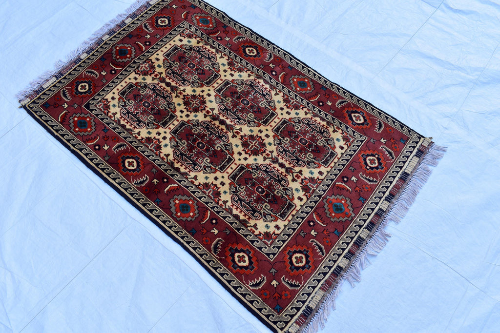 3x5 Medallion Pattern Handwoven Rug – Burgundy & Beige, Traditional Afghan Wool Carpet, Rug for Living Room, Bedrooms, Hallway Rug 3.4x5 ft