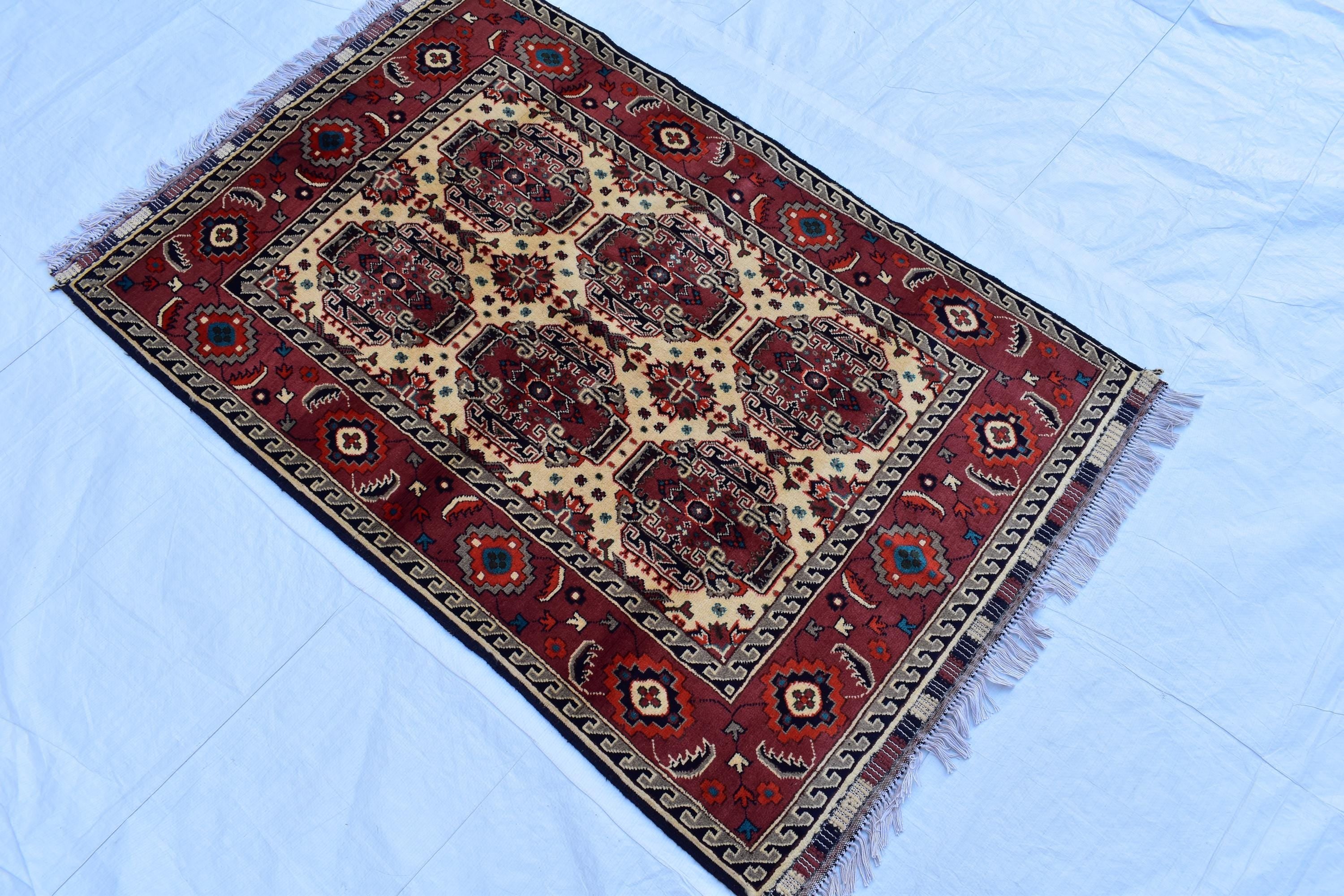 3x5 Medallion Pattern Handwoven Rug – Burgundy & Beige, Traditional Afghan Wool Carpet, Rug for Living Room, Bedrooms, Hallway Rug 3.4x5 ft