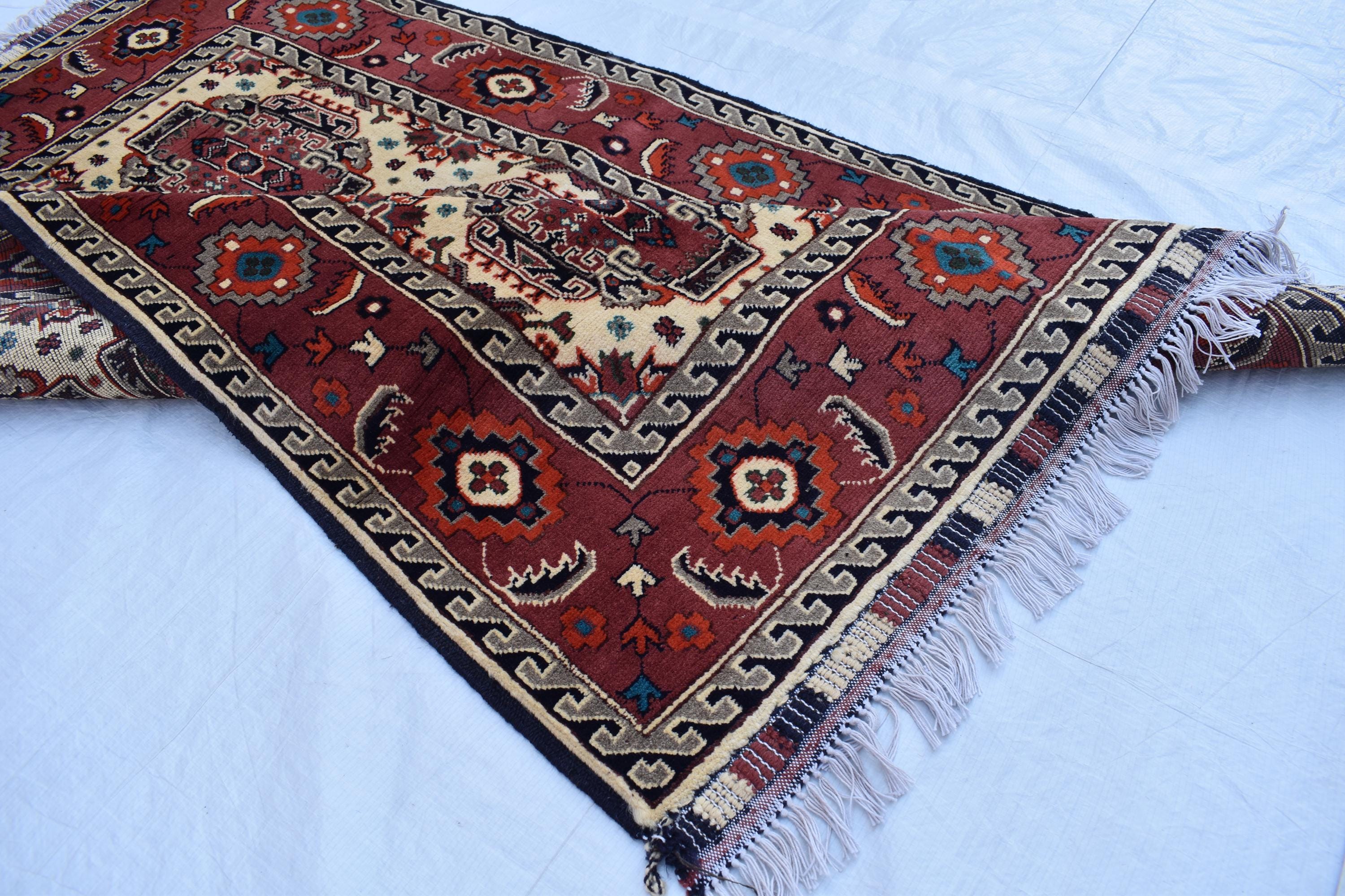 3x5 Medallion Pattern Handwoven Rug – Burgundy & Beige, Traditional Afghan Wool Carpet, Rug for Living Room, Bedrooms, Hallway Rug 3.4x5 ft