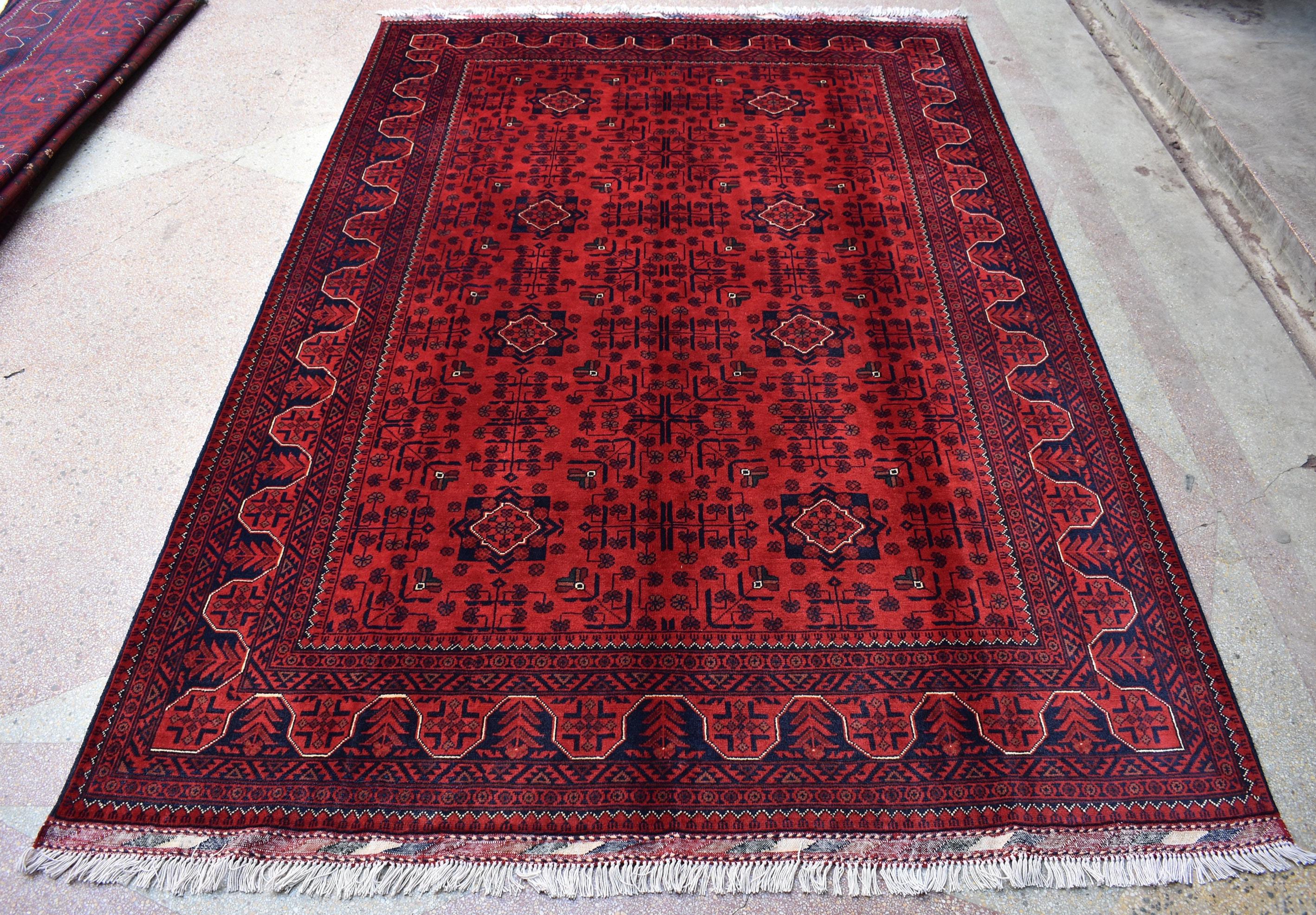 6x8 Rug Afghan Tribal Red Bukhara Handmade Wool Area Rug, Oriental Carpet, Vintage Style Living Room, Decor, Boho Floor Mat, Medium Rug