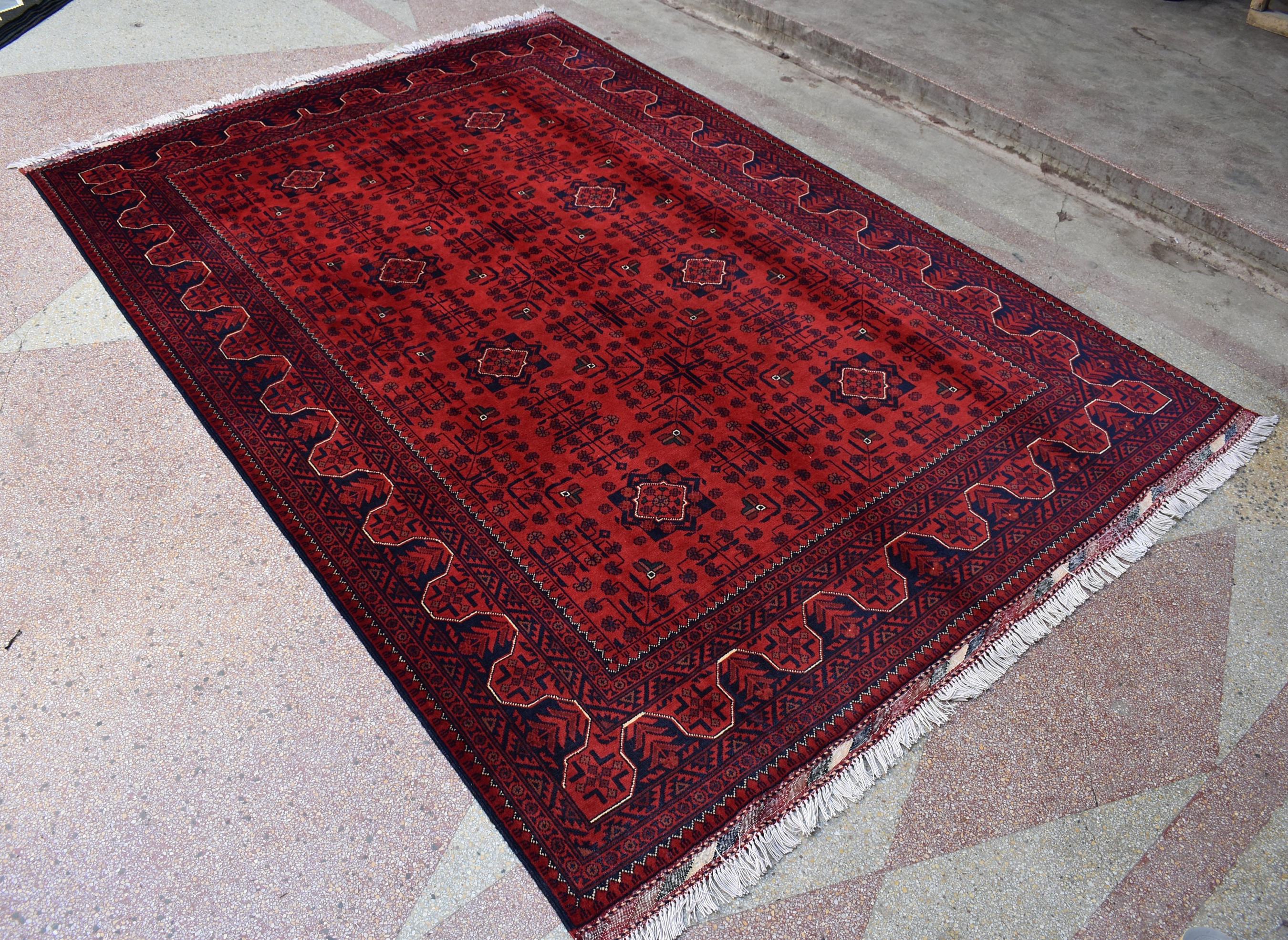 6x8 Rug Afghan Tribal Red Bukhara Handmade Wool Area Rug, Oriental Carpet, Vintage Style Living Room, Decor, Boho Floor Mat, Medium Rug