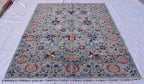 6x8 Light Blue Authentic Afghan Handmade Chobi Wool Carpet | Boho Home Decor, Rug for living room, Bedroom Rug, Rust and navy floral pattern