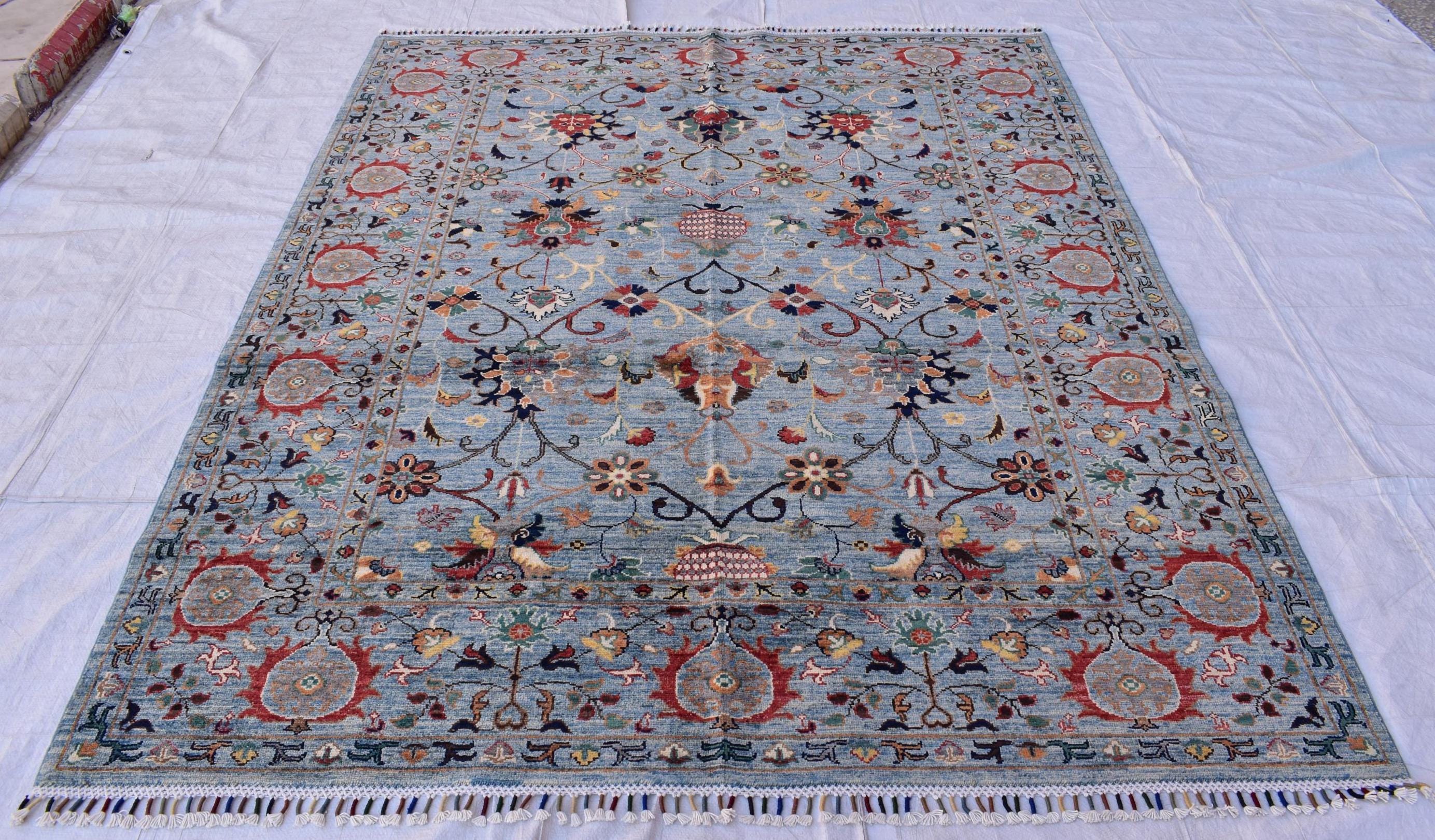 6x8 Light Blue Authentic Afghan Handmade Chobi Wool Carpet | Boho Home Decor, Rug for living room, Bedroom Rug, Rust and navy floral pattern