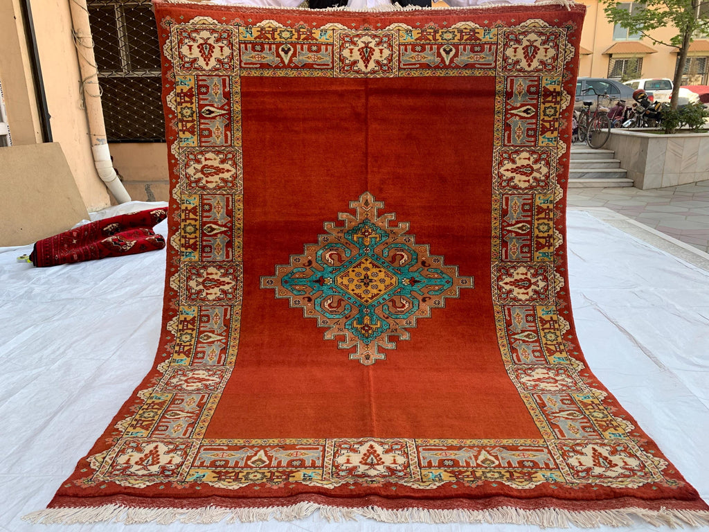 Antique 4.6x6 ft Rusty Red Wool & Silk Rug–Handmade Persian Carpet – One-of-a-Kind Distressed Boho Rug– Non-Slip Luxurious Collector’s Piece