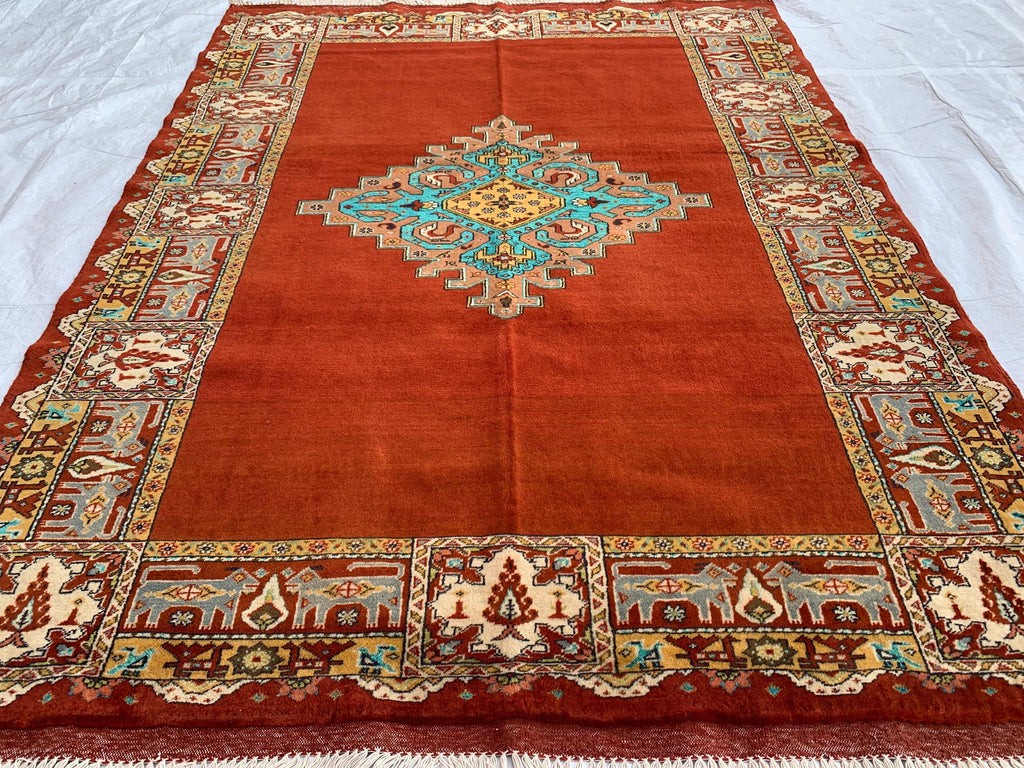 Antique 4.6x6 ft Rusty Red Wool & Silk Rug–Handmade Persian Carpet – One-of-a-Kind Distressed Boho Rug– Non-Slip Luxurious Collector’s Piece