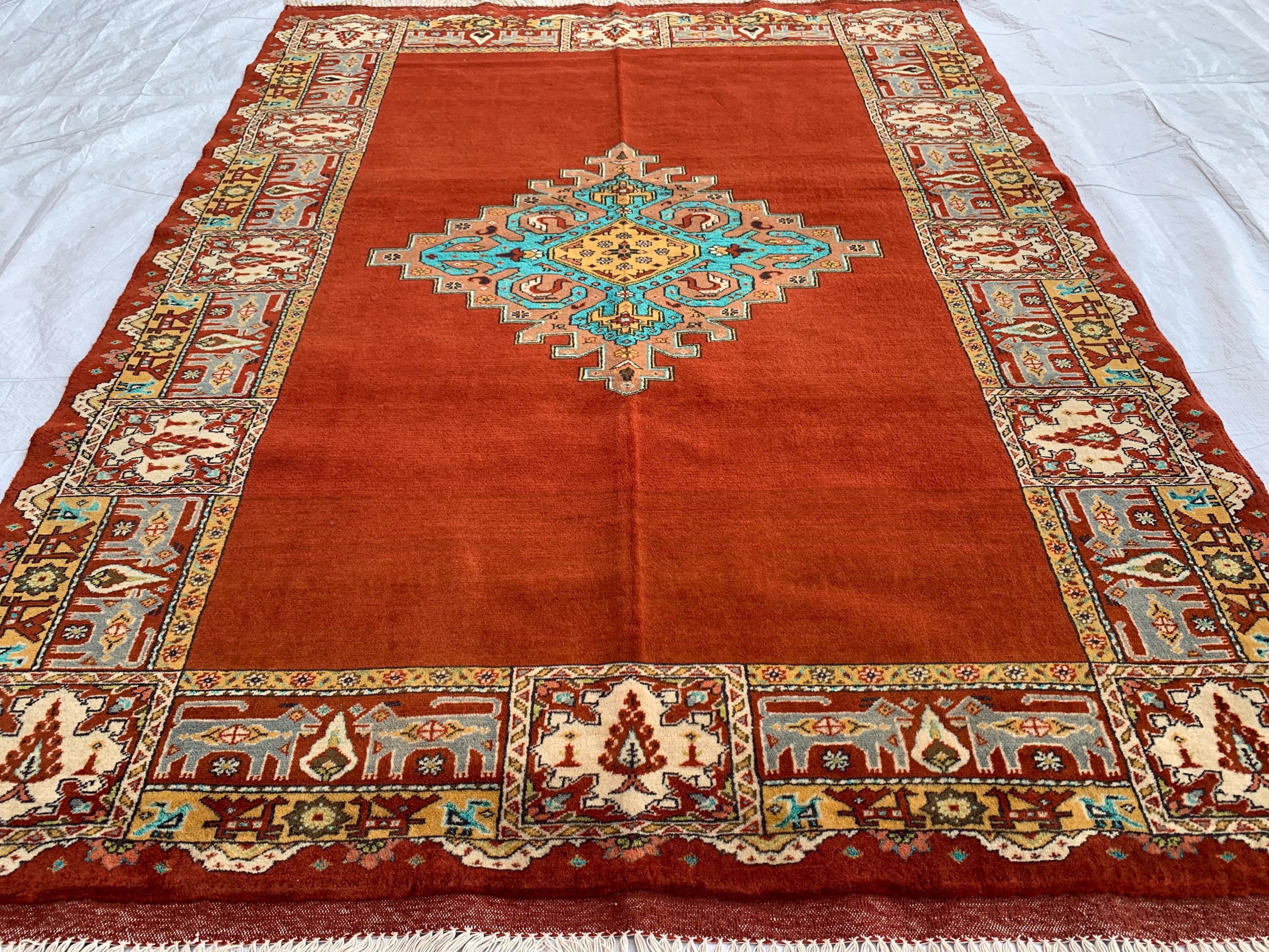 Antique 4.6x6 ft Rusty Red Wool & Silk Rug–Handmade Persian Carpet – One-of-a-Kind Distressed Boho Rug– Non-Slip Luxurious Collector’s Piece