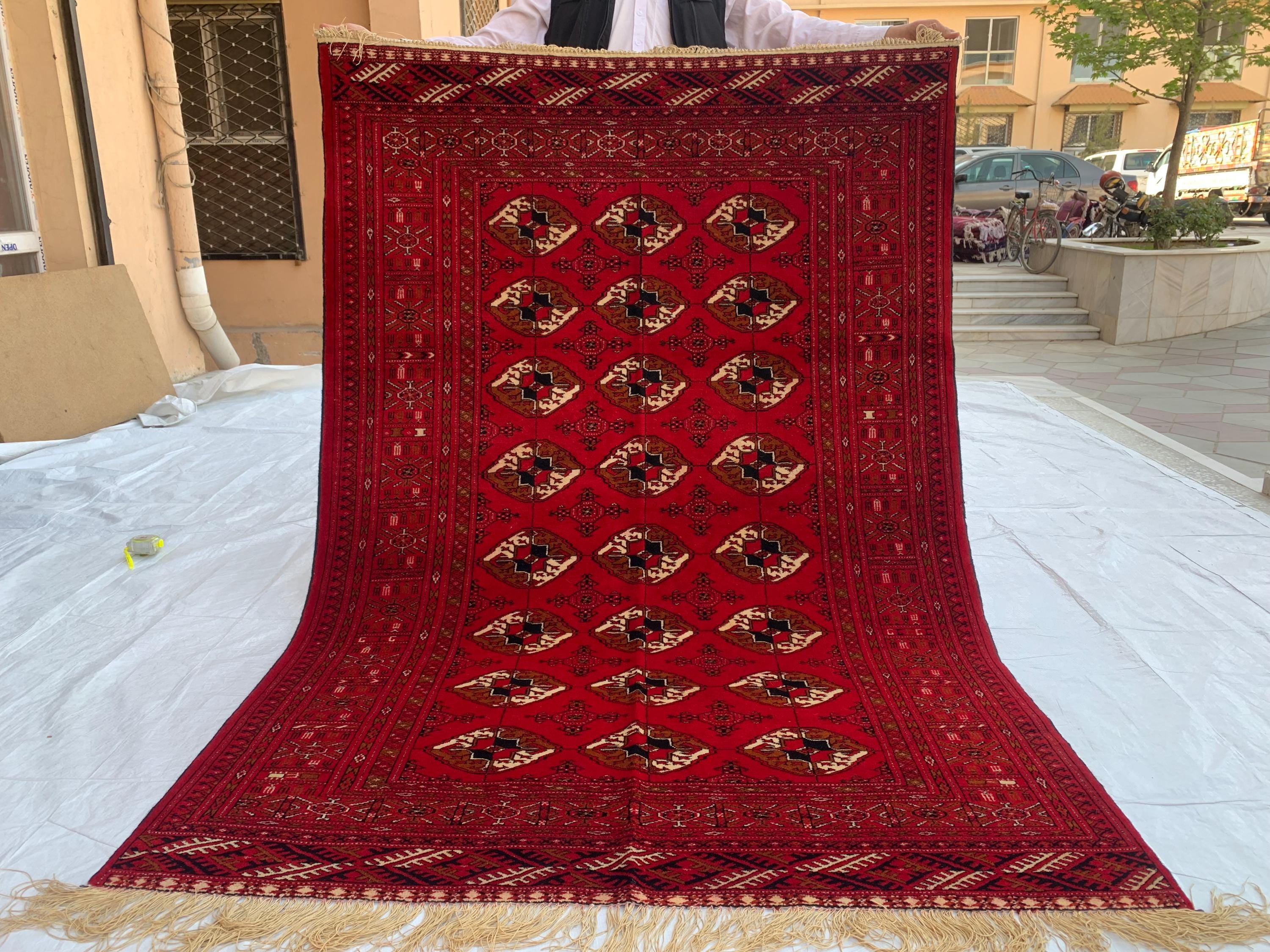 4x7 Antique Ahal Gul Rug – Handwoven Turkmen Wool Rug for Living Room or Office | Vintage Oriental Carpet, Rustic Home Decor Rug 4.6x6.7 ft
