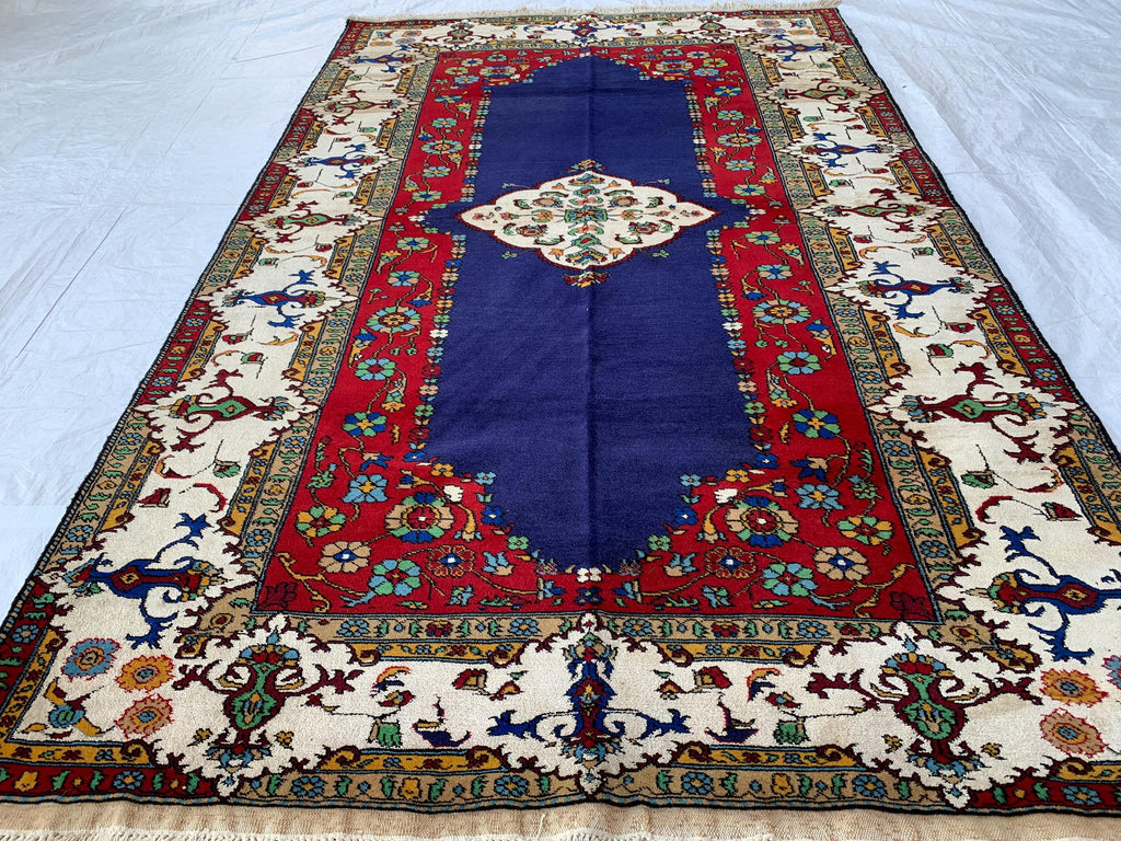 4x7 Medium Size Handmade Persian Rug – Wool Area Rug, Traditional Medallion Design, Red & Navy Blue Carpet, Oriental Home Decor, 4.3x6.10