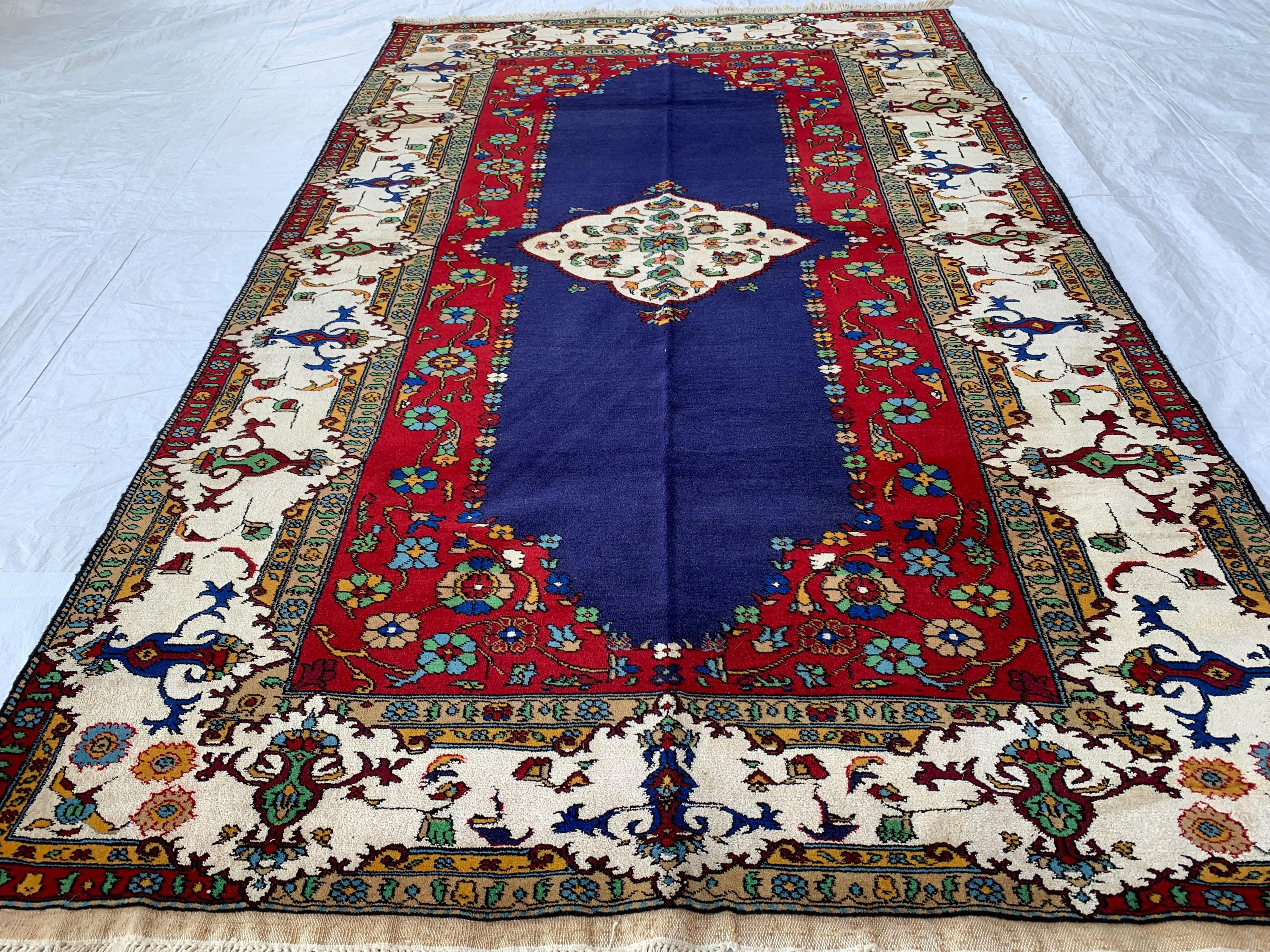 4x7 Medium Size Handmade Persian Rug – Wool Area Rug, Traditional Medallion Design, Red & Navy Blue Carpet, Oriental Home Decor, 4.3x6.10
