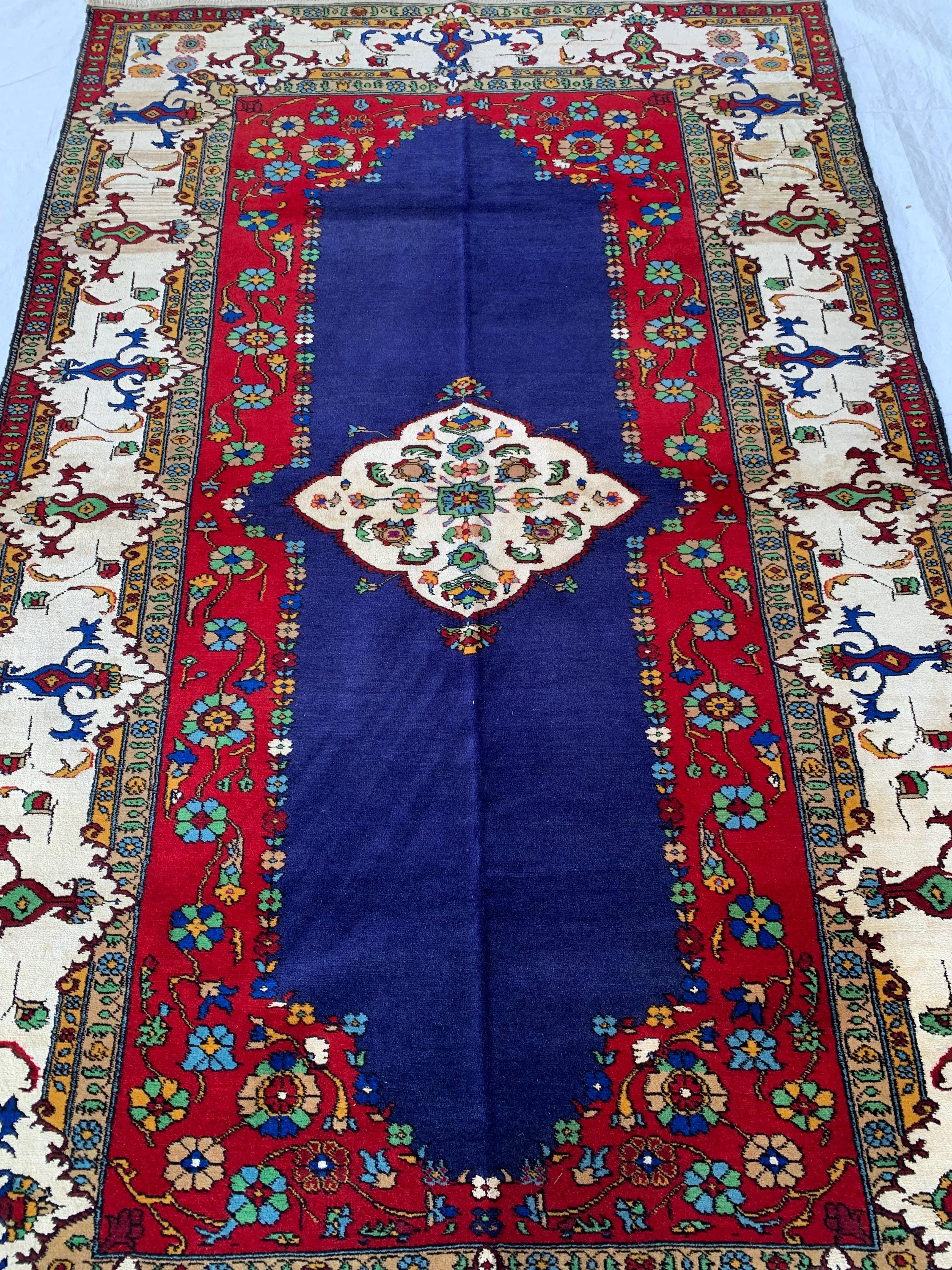4x7 Medium Size Handmade Persian Rug – Wool Area Rug, Traditional Medallion Design, Red & Navy Blue Carpet, Oriental Home Decor, 4.3x6.10