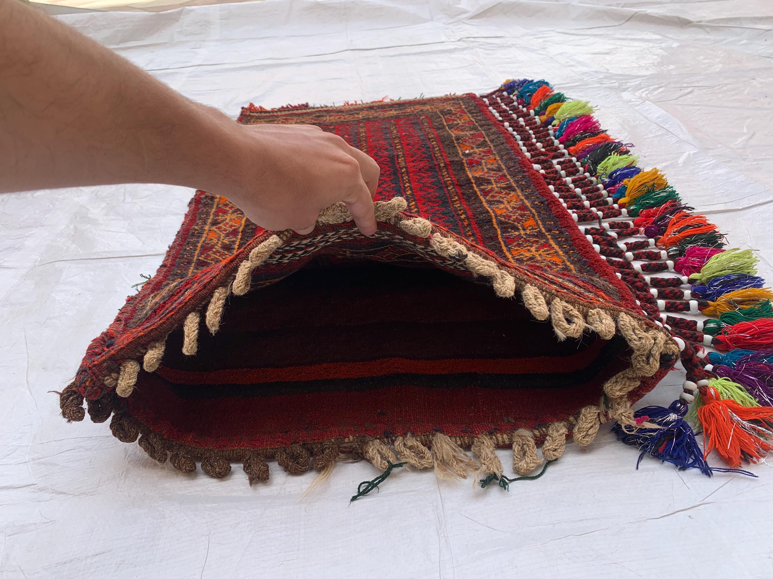 Vintage Afghan Cushion Cover –Faded Tribal Carpet Pillow – Handmade Textile–2x3’9 Decorative Rug Cushion for Boho or Collector Decor