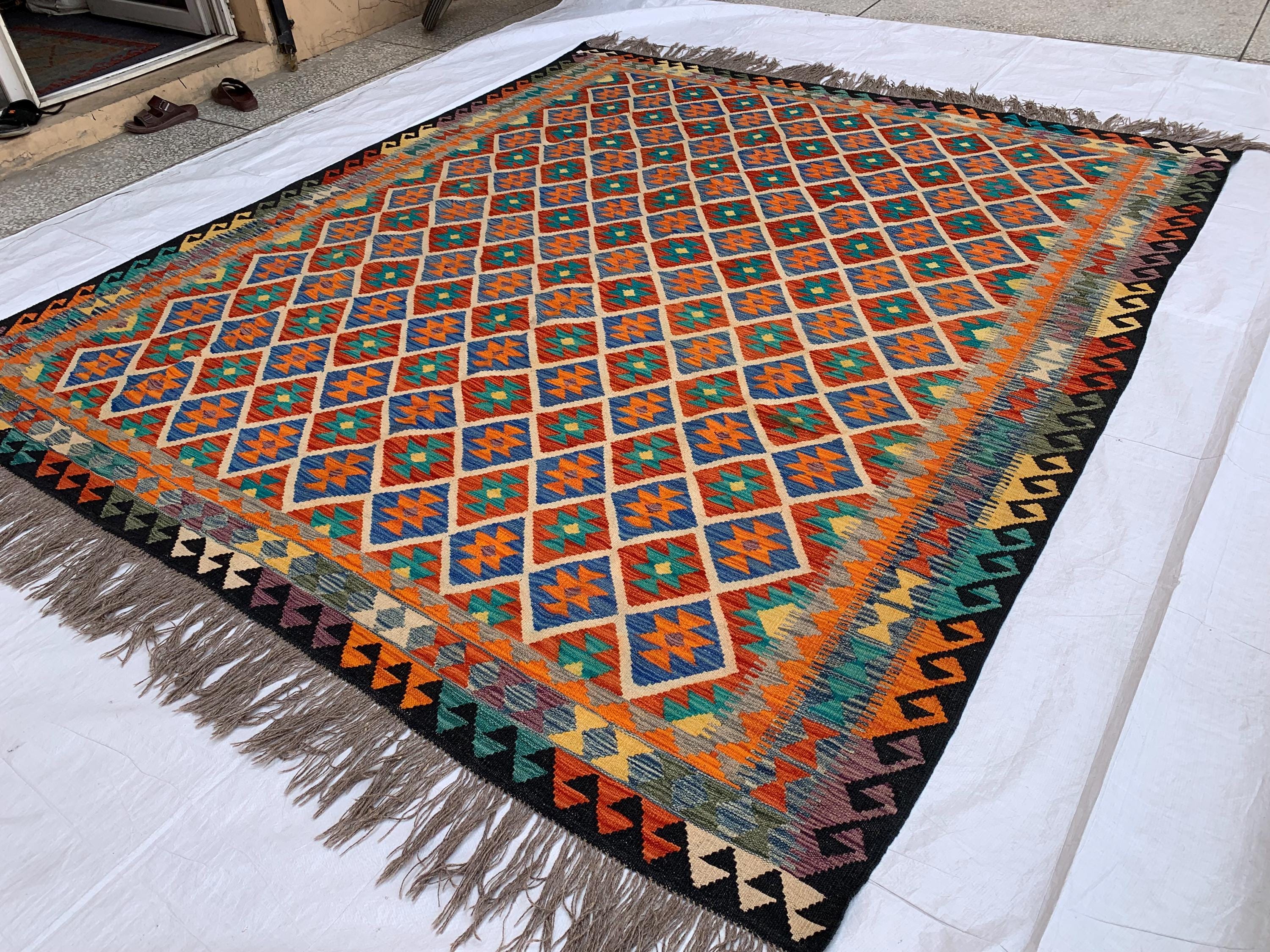 8x10 Handmade Multicolor Afghan Kilim Rug – Wool Tribal Area Rug | Vintage Flatweave Carpet | Boho Geometric Decor | Large Lightweight Rug