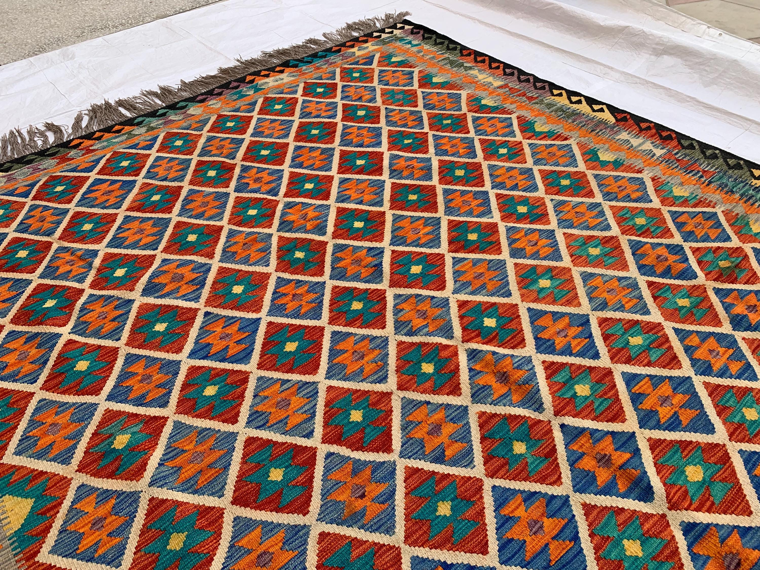 8x10 Handmade Multicolor Afghan Kilim Rug – Wool Tribal Area Rug | Vintage Flatweave Carpet | Boho Geometric Decor | Large Lightweight Rug