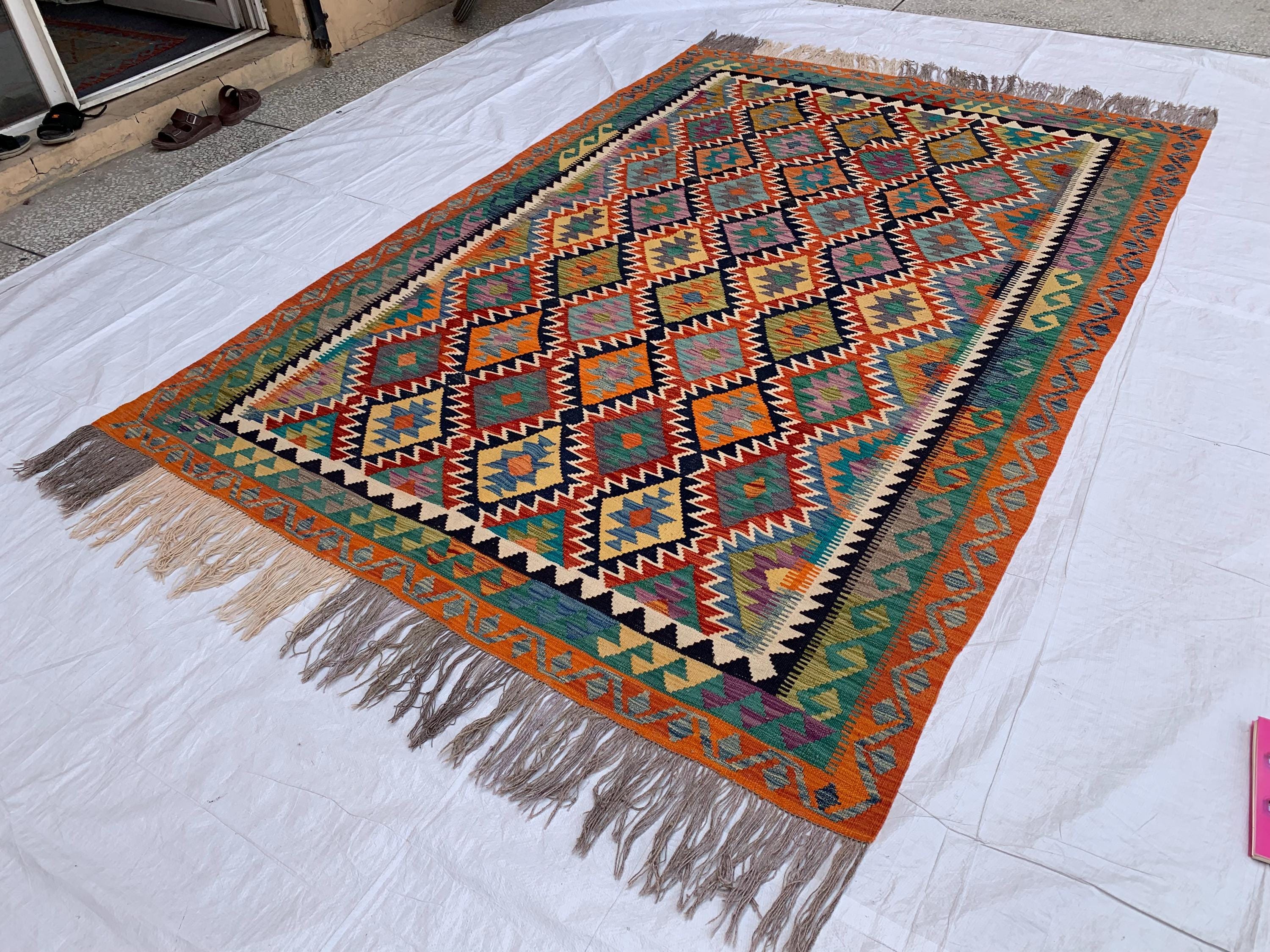 Multicolor Afghan Kilim Rug 6.7x9.9 ft – Wool Tribal Area Rug | Vintage Flatweave Carpet | Boho Geometric Decor | Large Lightweight Rug